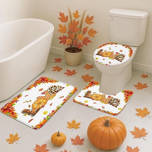 Miniatura 6 de Juego de cortinas de ducha de otoño con tapa de inodoro y alfombras antideslizantes, calabazas brillantes con hojas de arce, 4 cortinas de ducha
