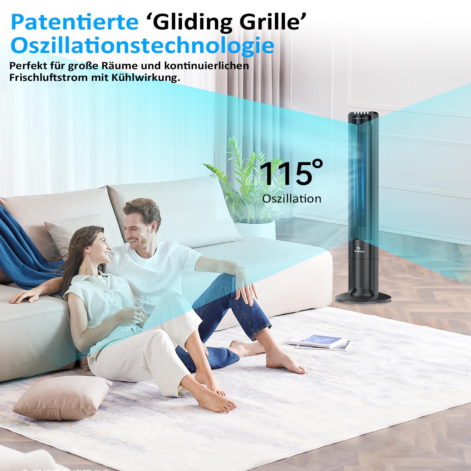 Turmventilator mit Fernbedienung, 109cm, leise, 115° oszillierender Säulenventilator, Standventilator schwarz, Timer, 0,04 kWh stromsparend, 3 Geschwindigkeiten, X01A, Tower Fan