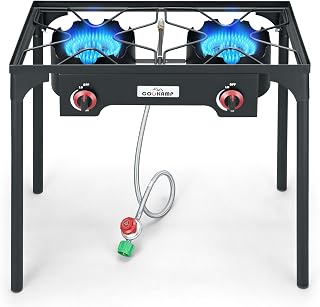 COOKAMP High Pressure Dual Propane Burner Outdoor Camping Stove - 110,000 BTU, Portable Two Burner with Adjustable Regulator