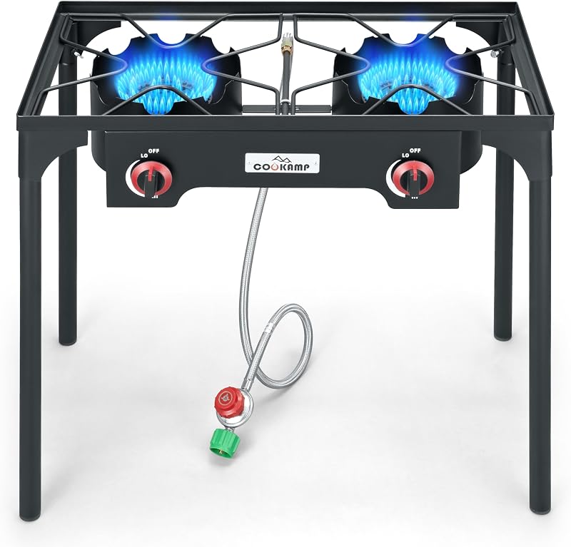 COOKAMP High Pressure Double Propane Burner Outdoor Camping Stove with 0-20 PSI Adjustable Regulator and Steel Braided Hose (Two Burner Stove)