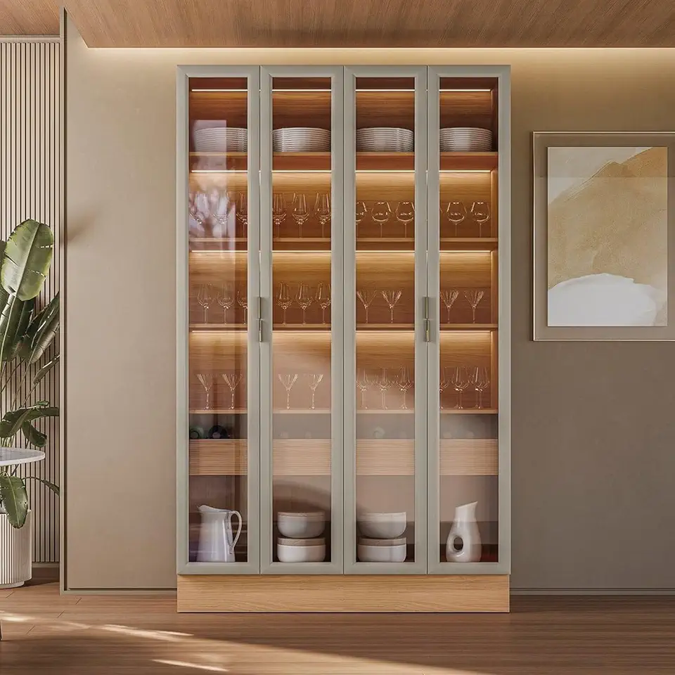 Cristaleira 4 Portas 2 Gavetas com Led Allure Jequitibá/Gris Fosco