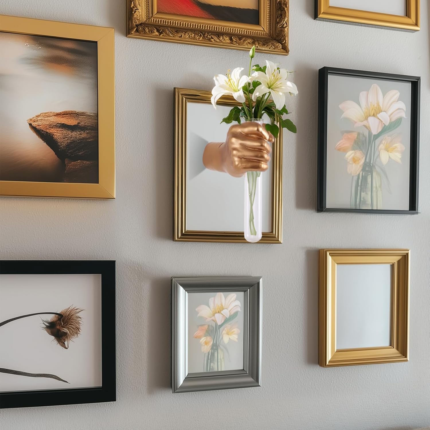 Unique Wall Sculptures, Hand Vases Home Decor, Wall Mount Art Sculpture, Unique Wall Art Statue, Funky Flower Vase Decorations, Modern Eclectic Hanging Decor,Glass Test Tube Vase (Gold)