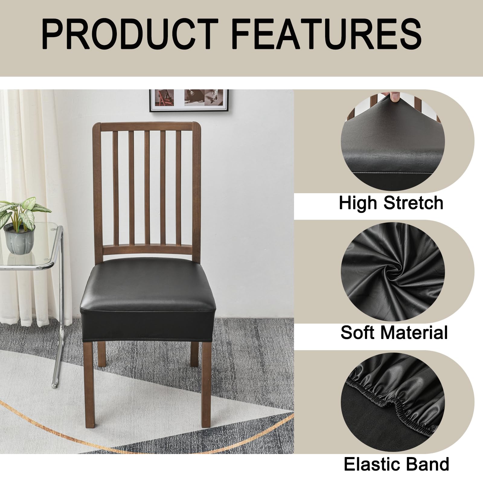 6er-Pack PU-Leder-Esszimmer Stuhlhussen, weiche entfernbare waschbare Sitz Stuhlhussen für Home Küche,Schwarz,4 Stück