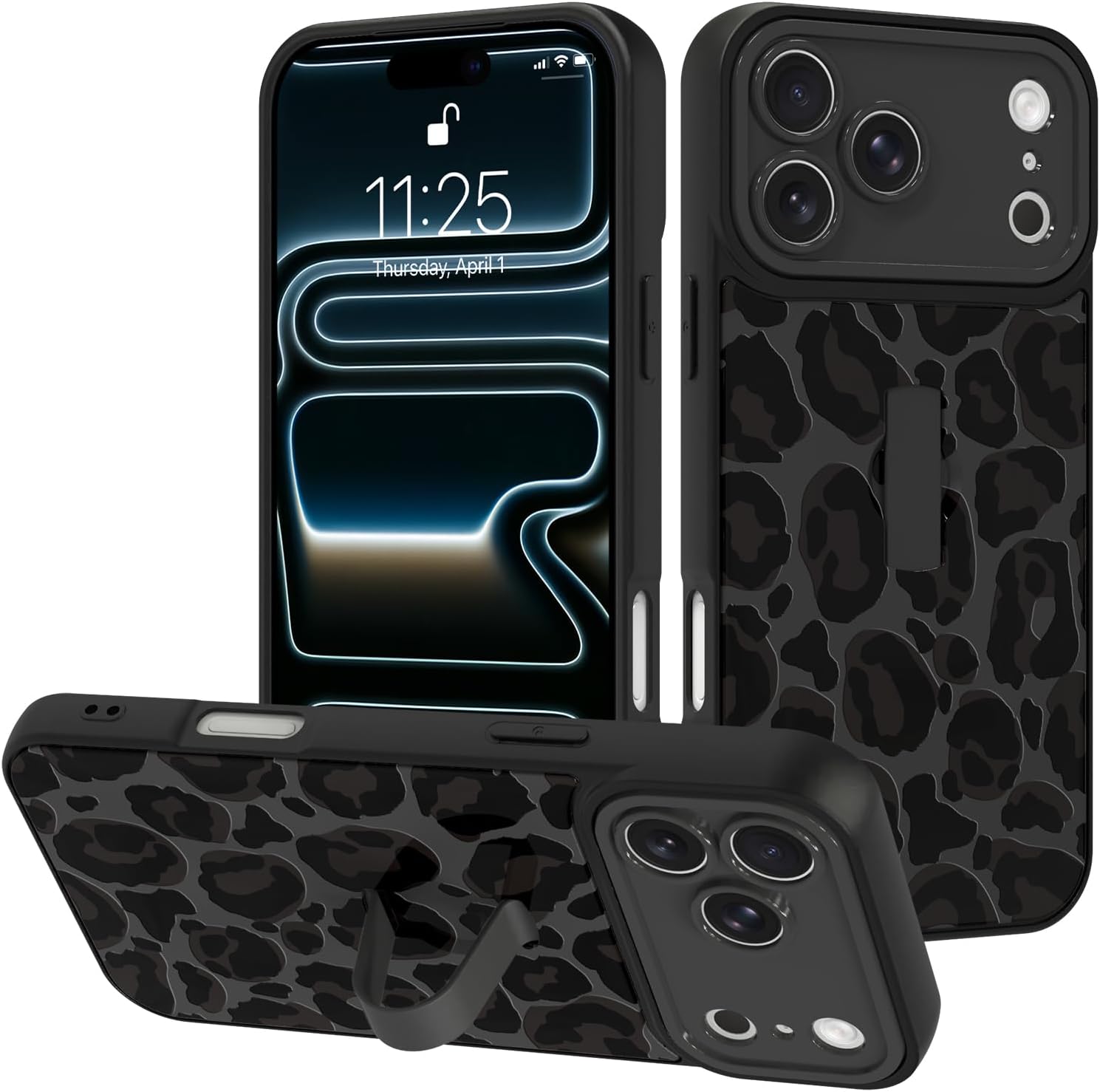 for iPhone 17 Pro Max Case with Finger Strap Kickstand,Luxury Leopard Cheetah Pattern for Women Men,Full Camera Protection Aesthetic Shockproof TPU Design,Black Leopard