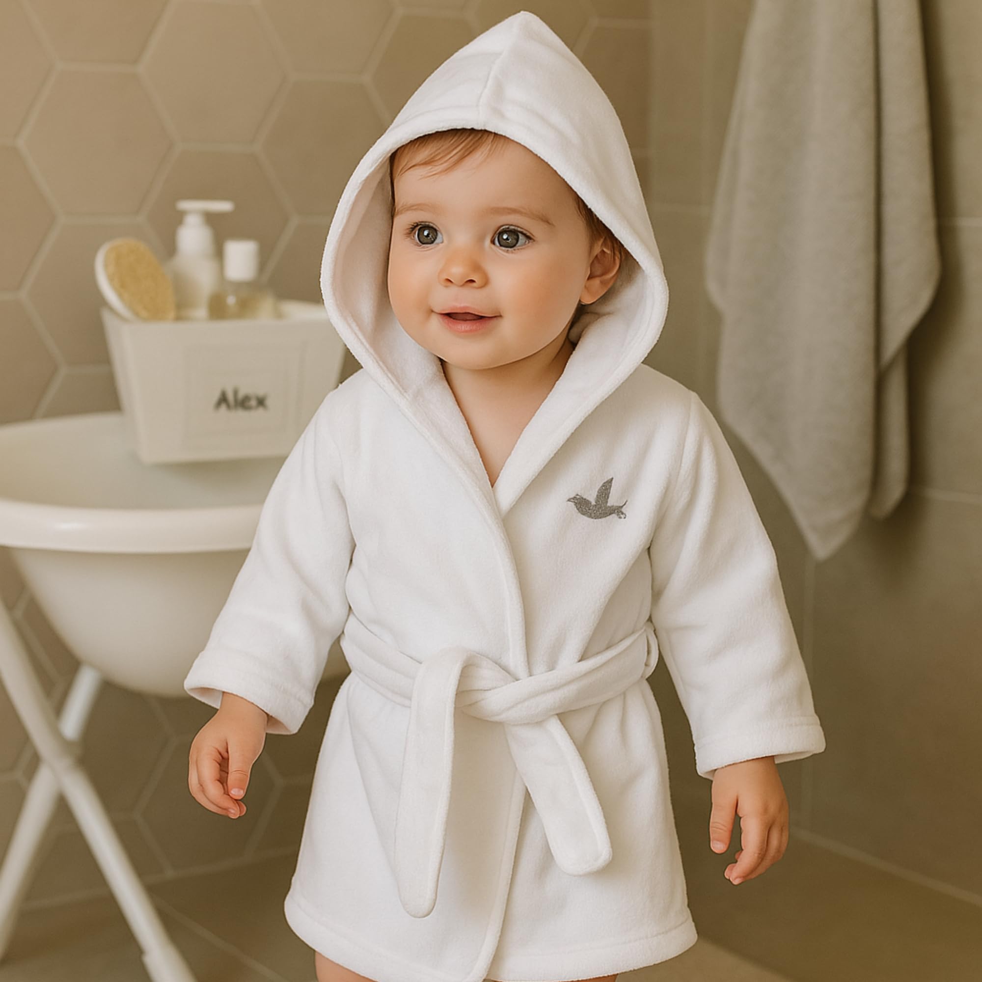 BebeDeParis Set Regalo Nascita personalizzato per neonato: Accappatoio, Body, Néceser, custodia Muselina e orso di peluche 6/12 mesi