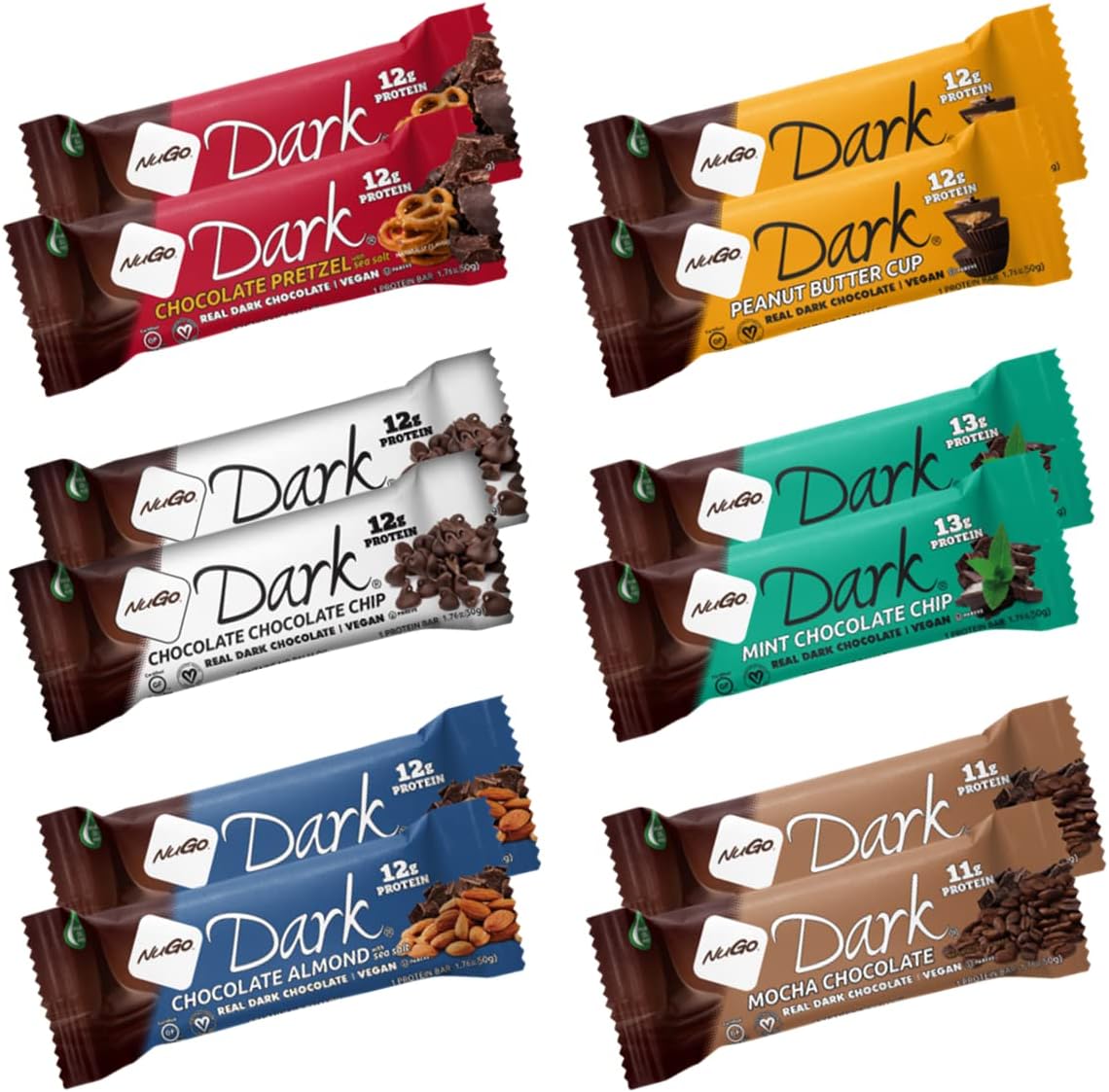NuGo Dark Variety Box Pretzel, Chocolate Chip, Mint Chocolate Chip, Mocha, Peanut
