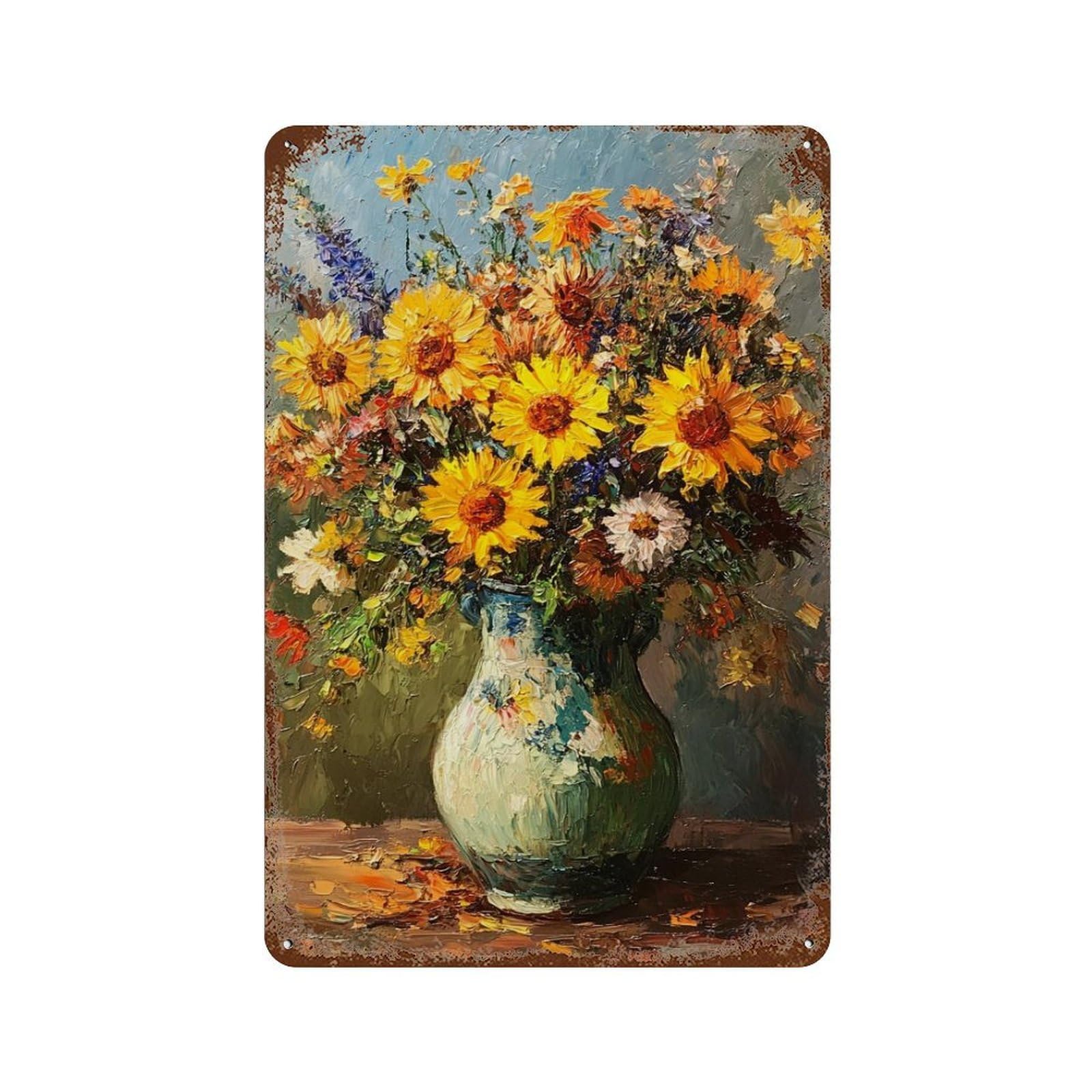 Garage Style Sunflower Bouquet in Blue Vase-2 Rust Effect Tin Sign 11.8"x7.9", Rustic Home Decor for Bar And Workshop