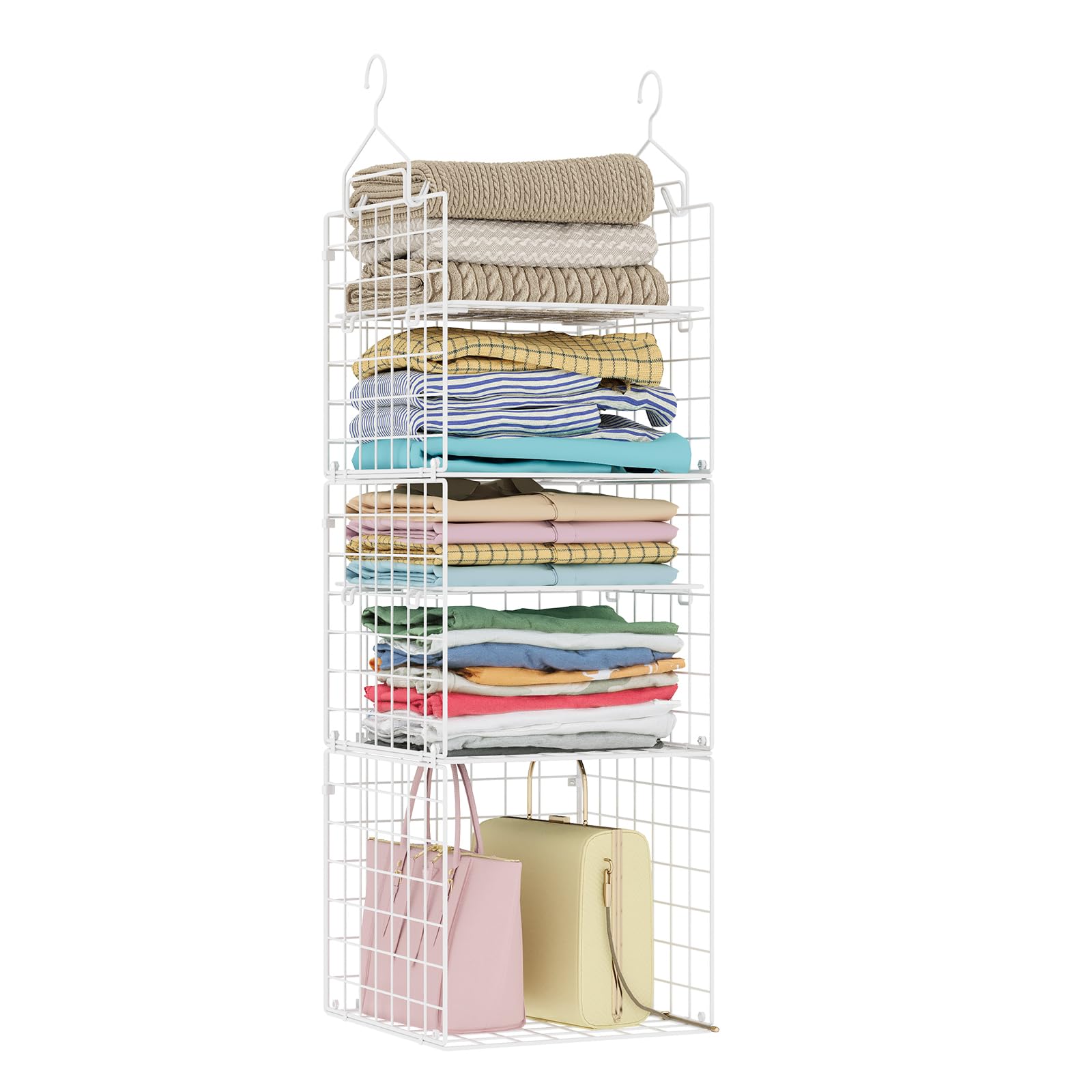 X-cosrack Closet Hanging Organizer and Storage - 5 Tier Hanging Shelves, Wire Closet Shelf Organizer Basket with Adjustable Dividers for Home Clothing Sweaters Shoes Handbags