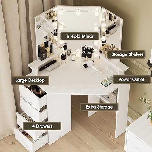 Miniatura 2 de Fameill Escritorio esquinero con espejo y luces, mesa de tocador de maquillaje con estación de carga, tocador de esquina con 4 cajones y estantes, 3