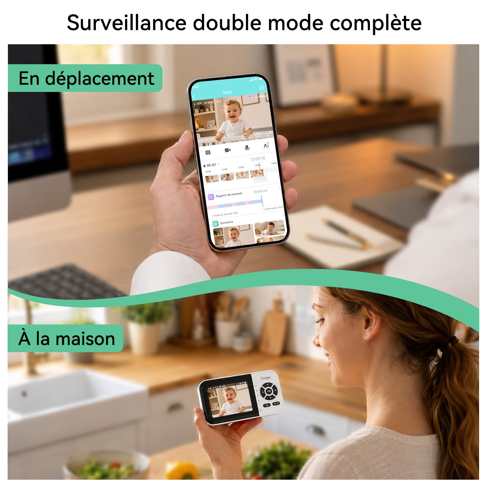 Simyke Babyphone 1080P caméra Double Connexion, écran 2,8" sans WiFi et app Smartphone WiFi 2,4 GHz, Vision Nocturne Nette, Dialogue bidirectionnel, alertes intelligentes, portée 360 m