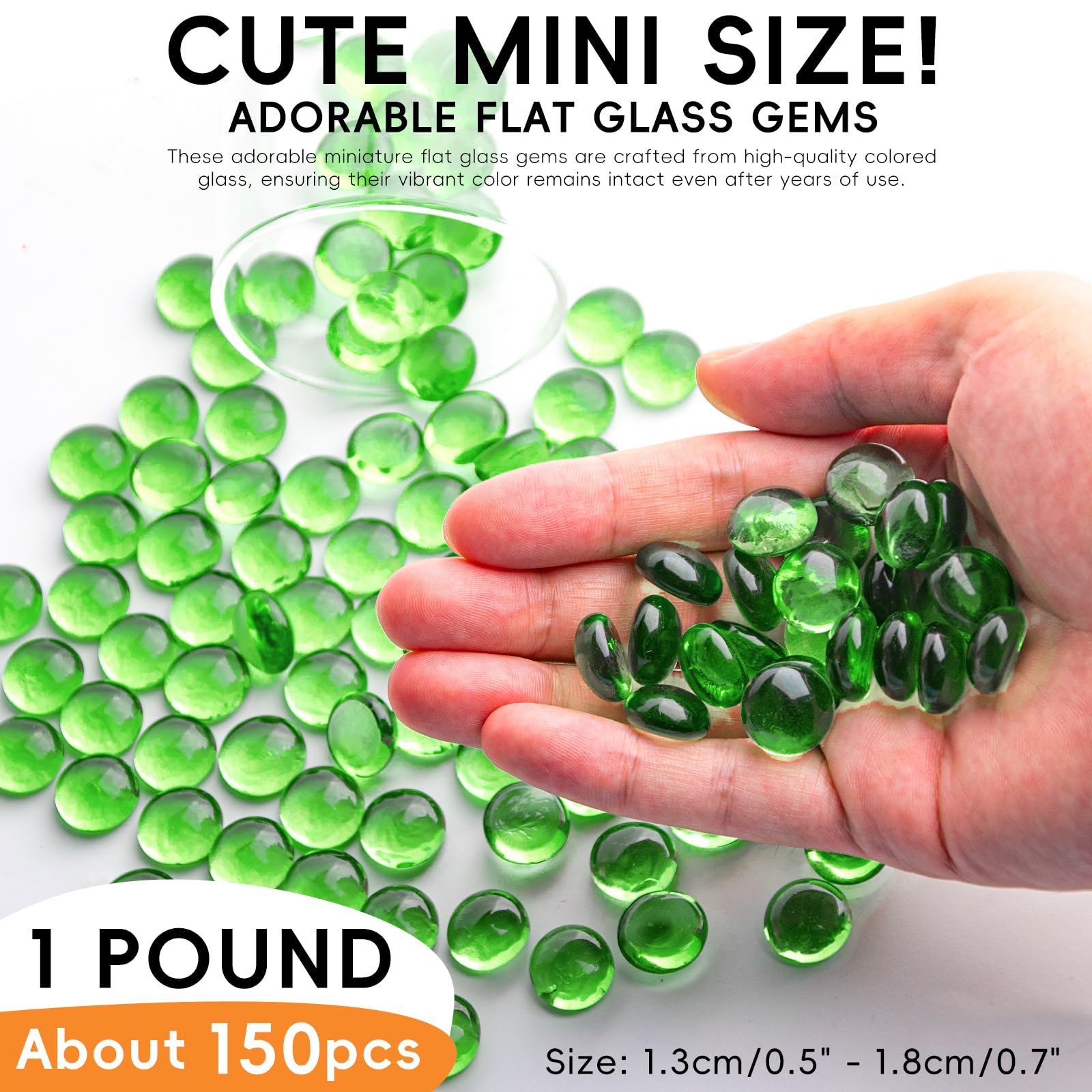 0.44KG Green Glass Marbles,Mini Flat Glass Beads~150 PCS for Vase Fillers,Floral Bottom Mancala Gems Pebbles Fish Tank Rocks for Table Aquarium,Home Decor Art Craft Supplies(0.5"~0.7") - Image 2
