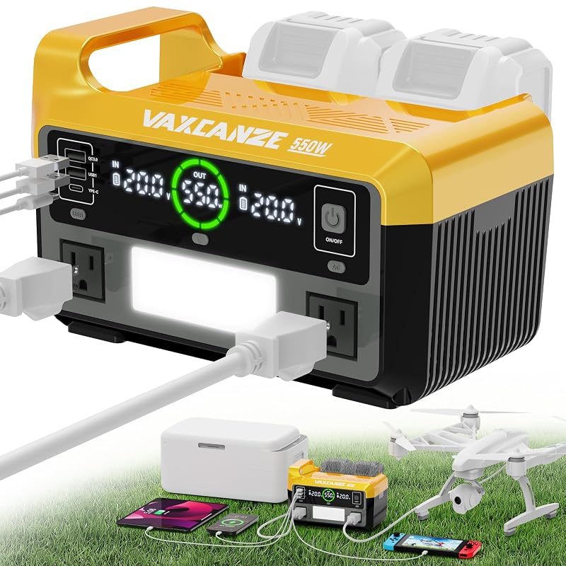 Inversor de energia VAXCANZE 550 W para baterias Dewalt 20 V, onda senoidal pura, saída 110–120 V, USB, USB-C e luz LED