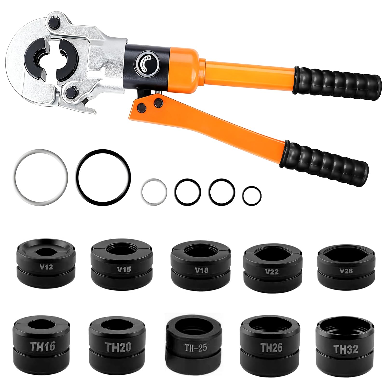 Alicates de crimpado hidráulicos, herramientas de fontanería, incluye 5 troqueles de crimpado de tubo de cobre: 12, 15, 18, 22, 28 mm, apto para prensado de tubos de cobre, más 4 troqueles de
