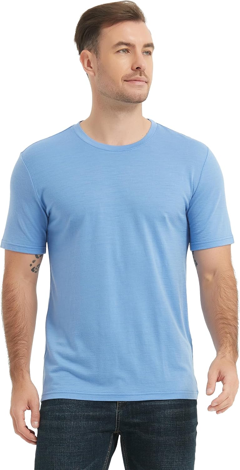 100% Merino Wool T Shirts for Men, Short Sleeve Lightweight Crew Undershirt, No-Odor Base Layer for Hiking Travel