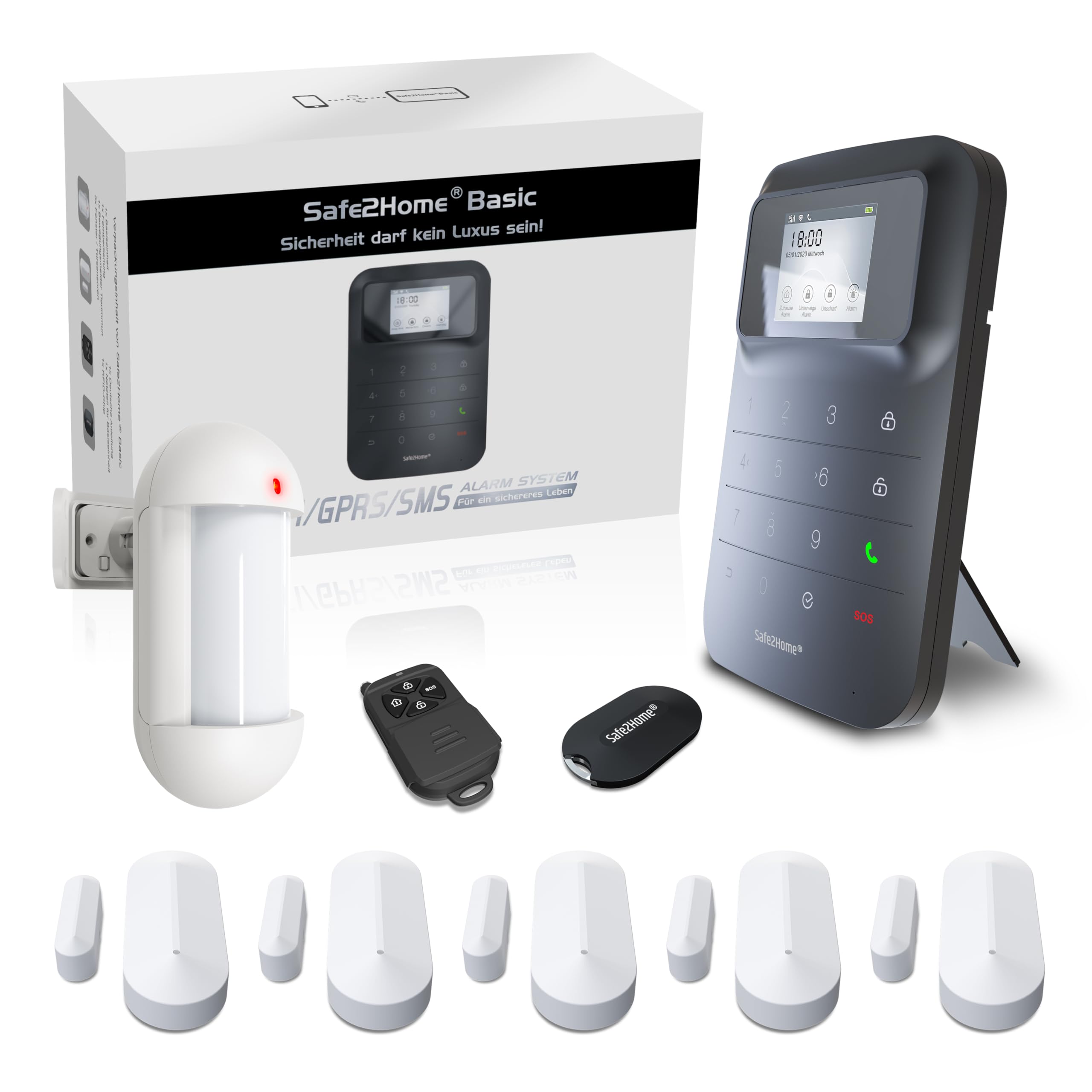 Safe2Home Basic Funk Alarmanlage in Schwarz - WLAN & SMS Komplettsystem 2,4 & 5 GHz für Haus und Wohnung mit App Steuerung Anruf und SMS Alarmierung