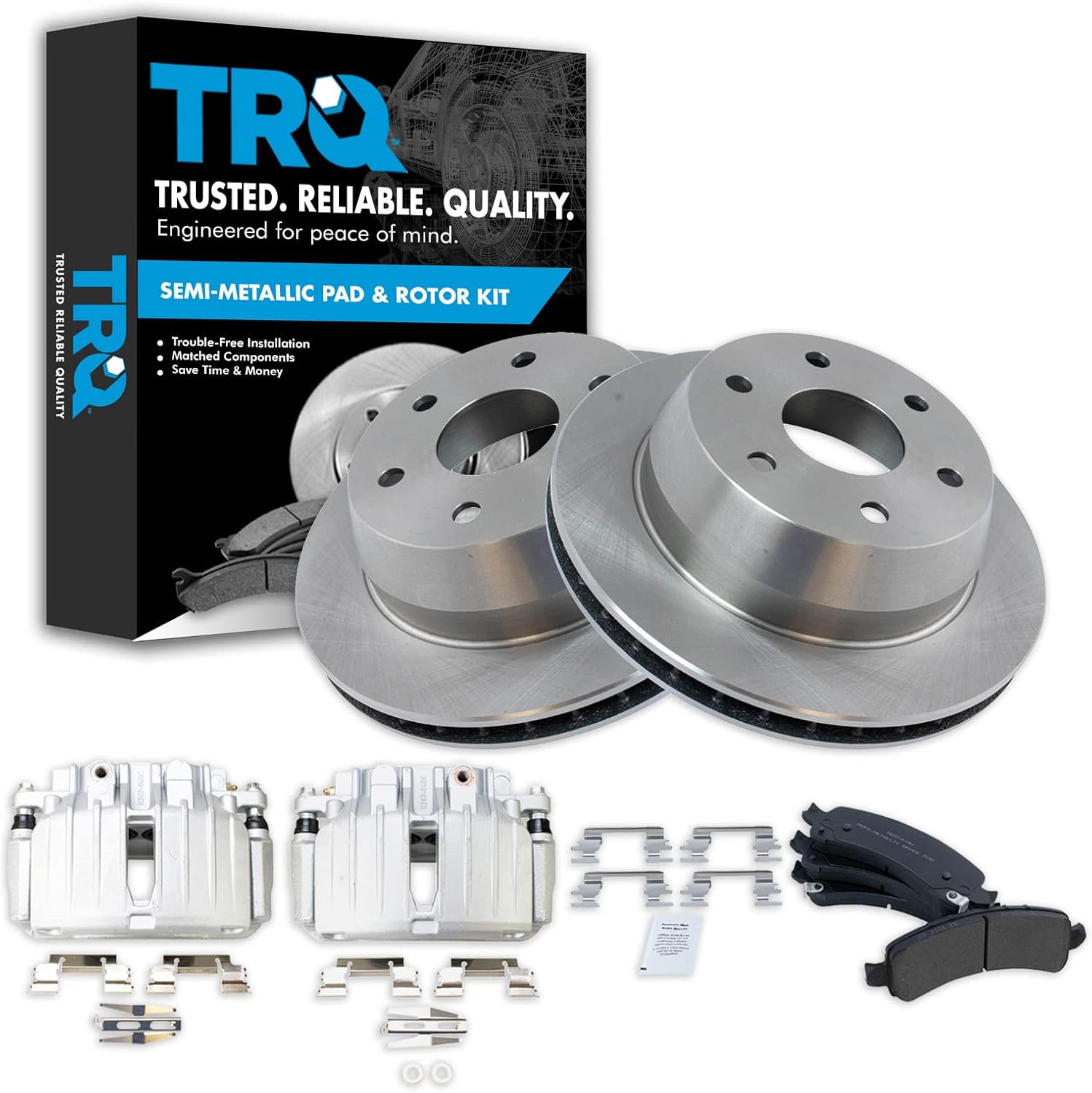 TRQ Rear Brake Pad & Rotor Kit Brake Caliper Brake Pads Brake Rotor Semi-Metallic Vented Compatible with 2002 Cadillac Escalade Chevrolet Avalanche 1500 Suburban 1500 Tahoe GMC Yukon Yukon XL 1500