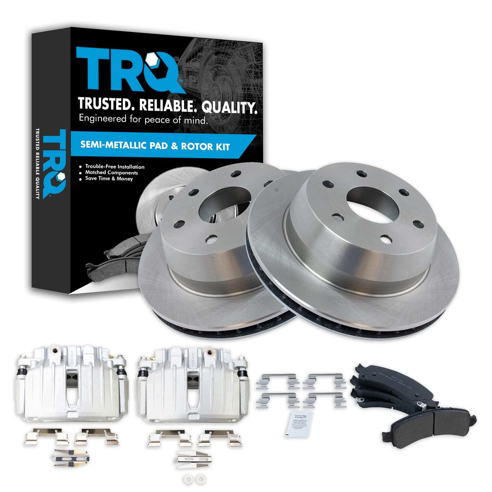 TRQ Rear Brake Pad, Caliper, &amp; Rotor Kit Semi-Metallic Vented Compatible with 2002 Cadillac Escalade Chevrolet Avalanche 1500 Suburban 1500 Tahoe GMC Yukon Yukon XL 1500