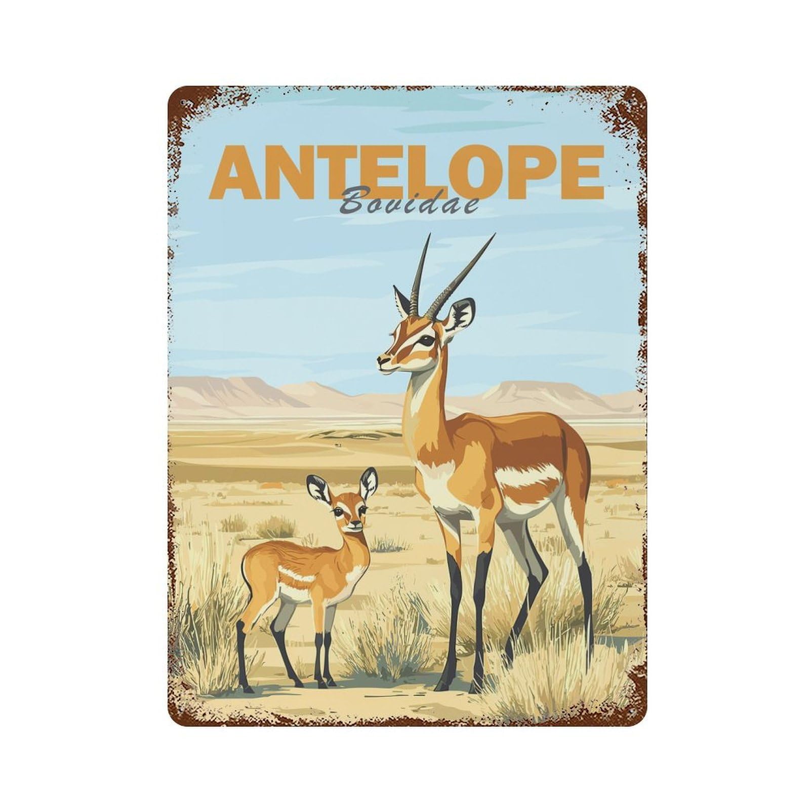 Rust Effect Antelope Family in Desert Rusty Metal Tin Sign 15.7"x11.8", Rustic Home Decor for Bistro, Counter And Cafe Decor