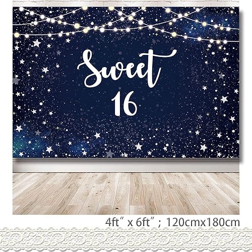 Miniatura 2 de Telón de fondo de noche estrellada dulce 16, estrellas blancas, cielo nocturno, decoración de fiesta de cumpleaños número 16, fondo de galaxia,