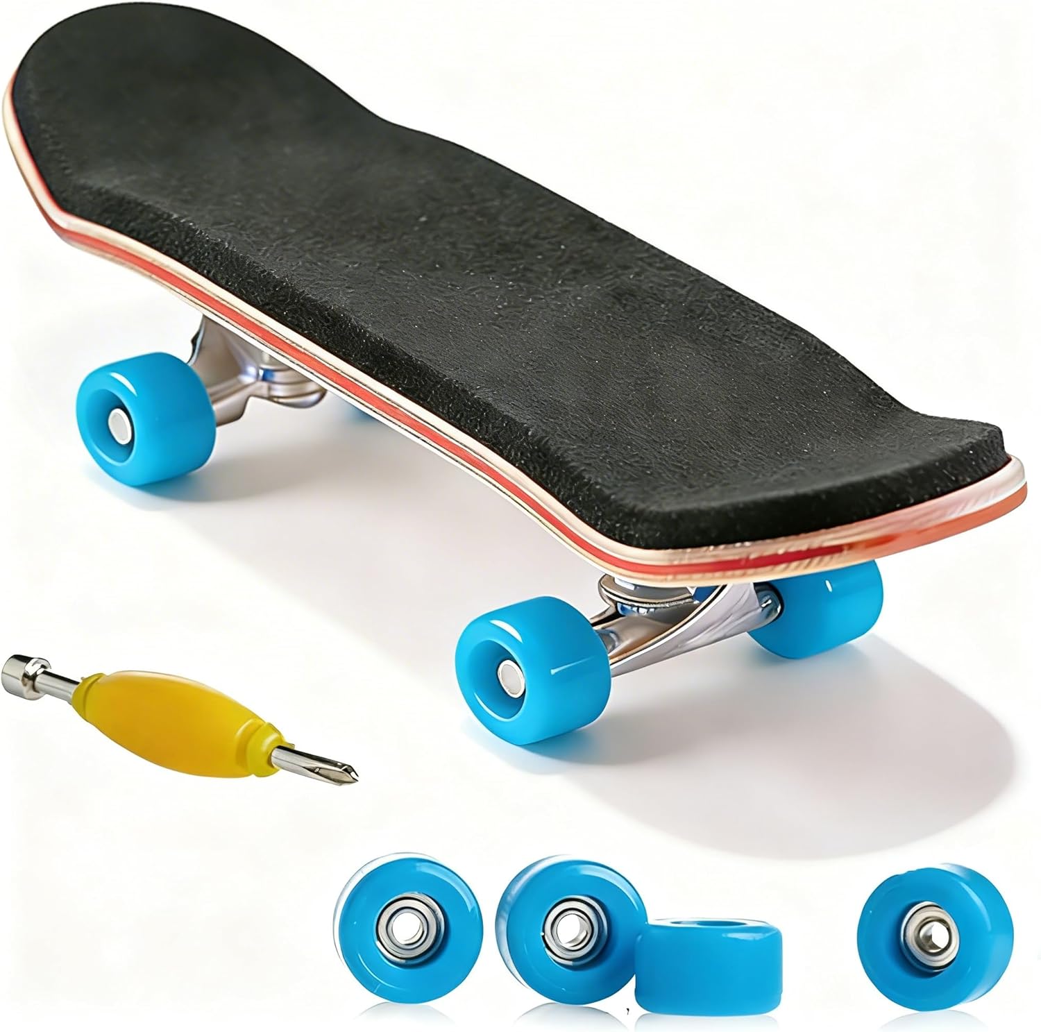 Mini Wooden Finger Skateboard Kit with Wheels, 100mm Maple Deck, Stress Relief Fidget Toy for Kids and Adults (Blue)