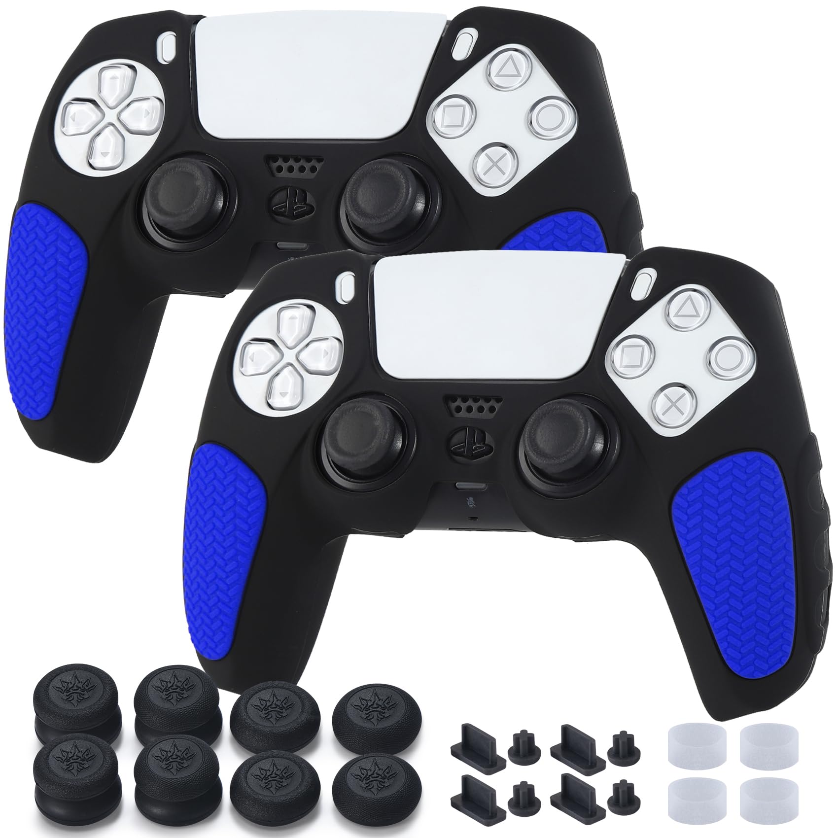YoRHa Non-Slip Handle Protective Skins for PS5 Controller x 2(Black+Blue) with Thumb Grips x 8, Plugs x 8, Anolog Protectors x 4