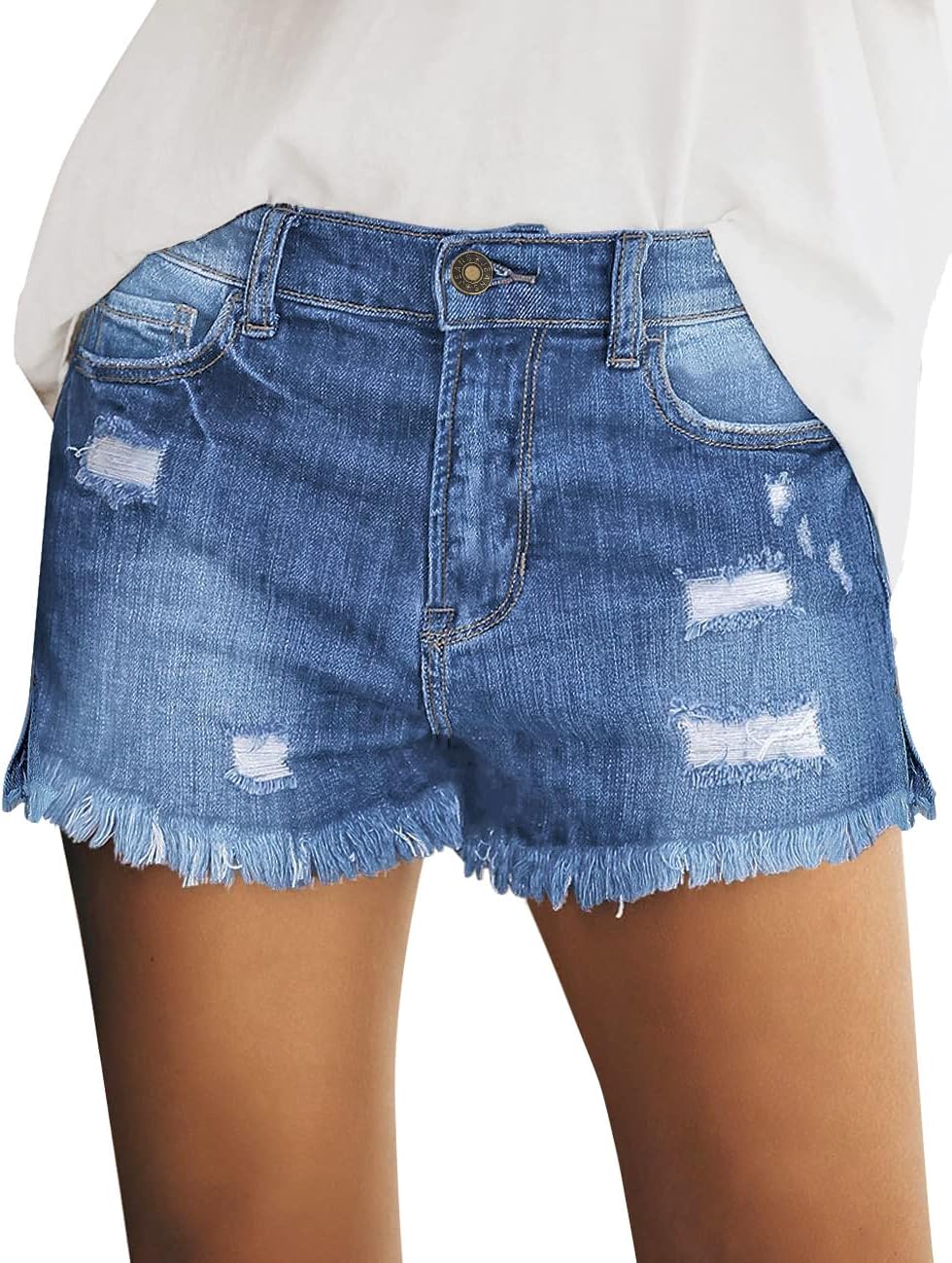 luvamia Jean Shorts Womens Mid Rise Stretchy Cut Off Frayed Denim Shorts Ripped Summer Casual Beach Vacation Clothes