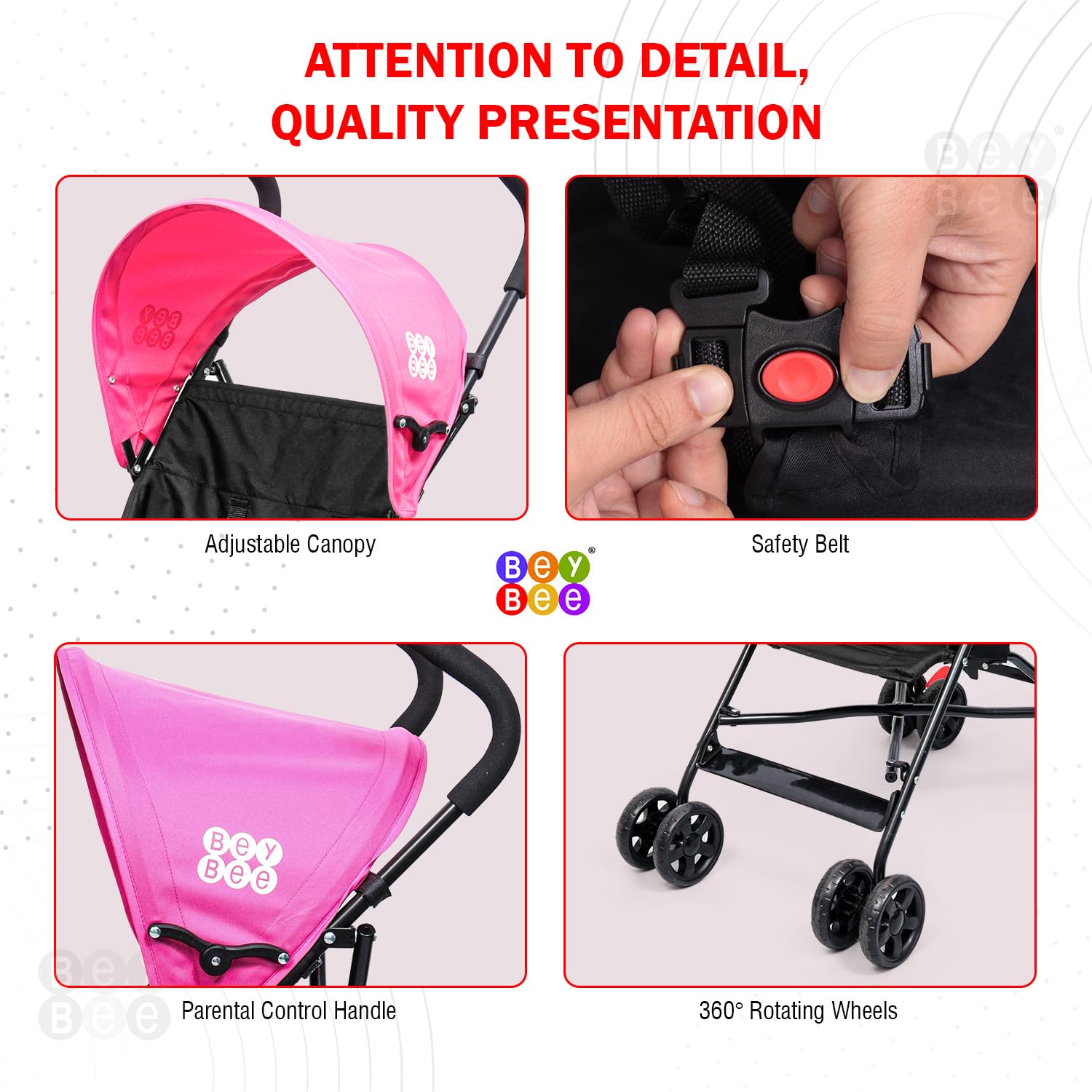 BeyBee Travel-Friendly Light Weight Baby Stroller and Buggy|Poratble Trolly for Newborn Kids with 5 Point Safety Harness|Pre Installed with Canopy|Easy Foldable Boys/Girls Age 0-3 Years (Pink) 4