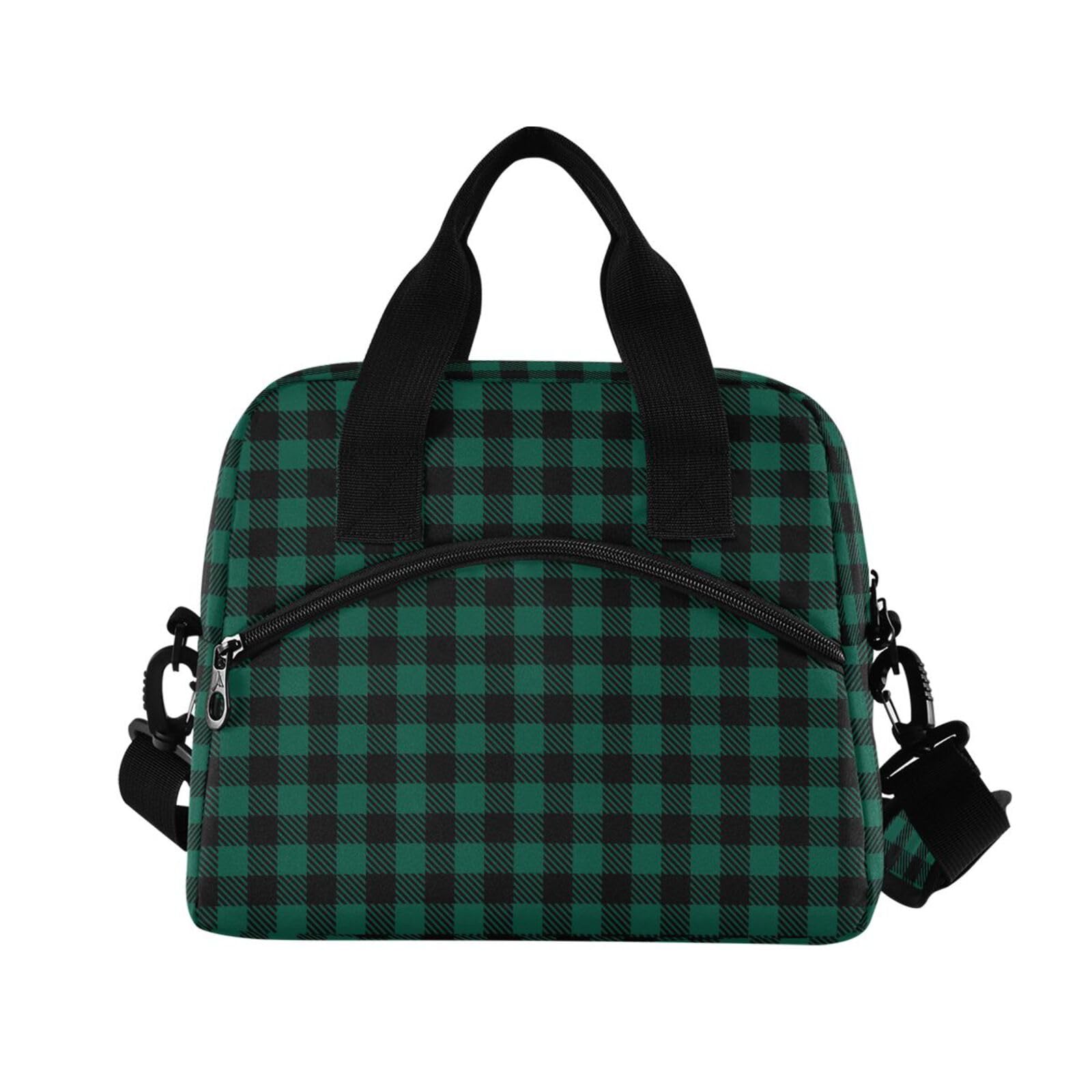 Sinestour Insulated Lunch Bag Reusable Cooler Black Green Checkered Lunch Box Adjustable Shoulder Strap for School Men Women
