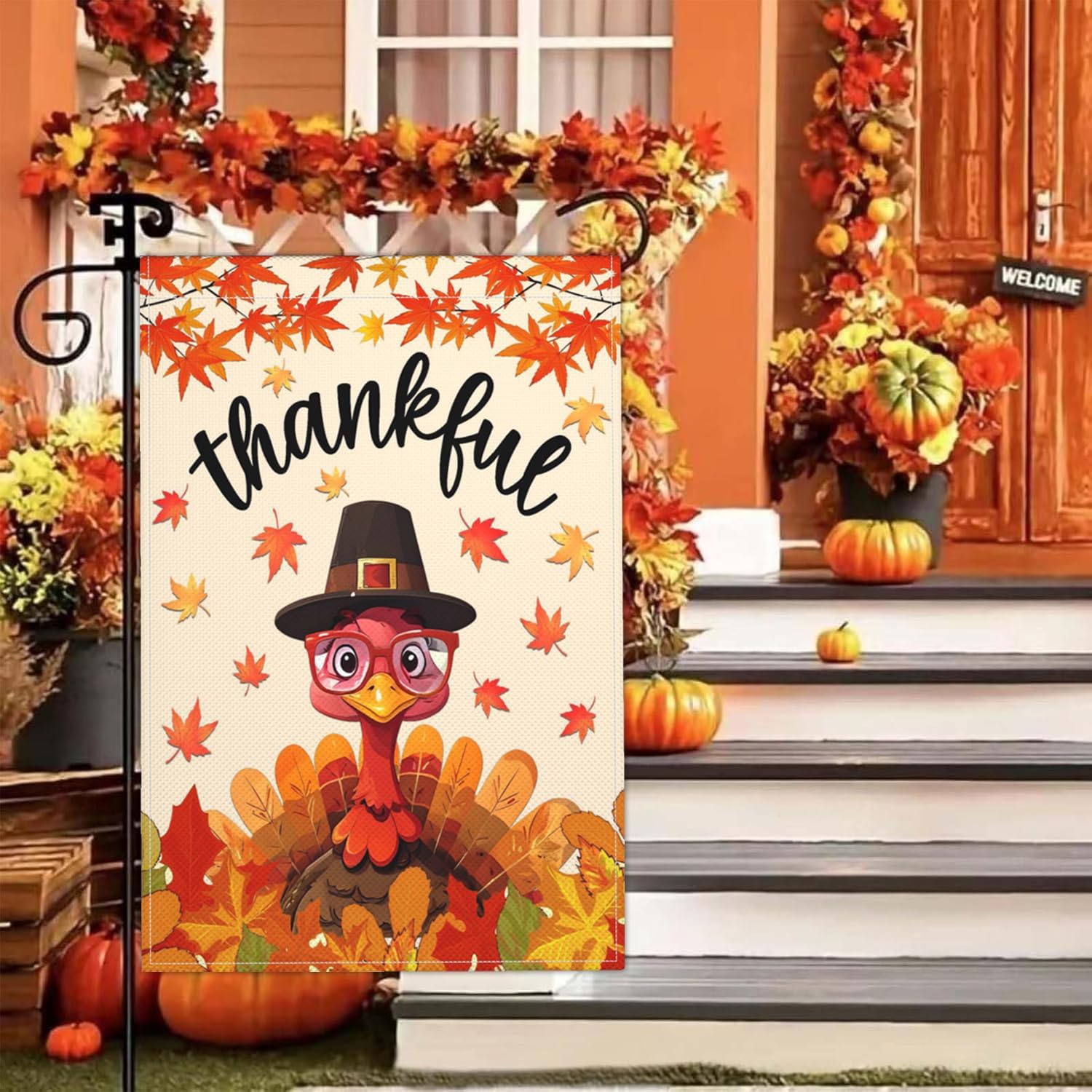 Thanksgiving Garden Flags for Outside 12x18 Inch Double Sided Thankful Yard Sign Garden Flags for Fall Outdoor Turkey Garden Flag Holiday Decorations - Image 2