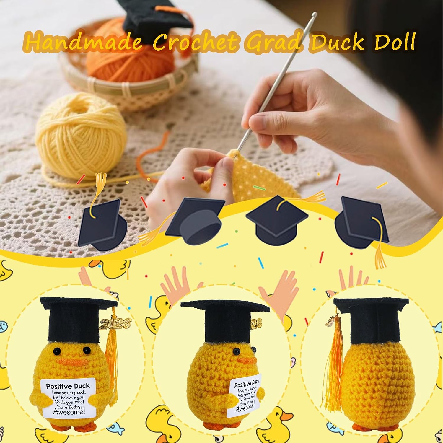 2026 Graduation Mini Duck Decor Gifts for Women Men, High School College Grad Class of 2026 Handmade Positive Crochet Doll Duck for Him Her 4.1in Cute Emotional Support Pickle Graduation Decoration