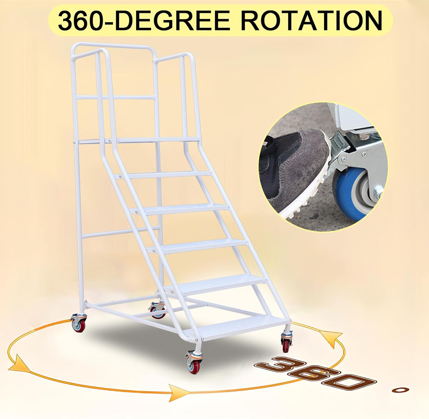 6-Steps Rolling Stairs with Wheels, Rolling Steps Ladder Industrial Warehouse Mobile Stairs, Non Slip Factory Pickup Shelf, Supermarket Climbing Ladder for Garage, Library (White, 6 Steps)
