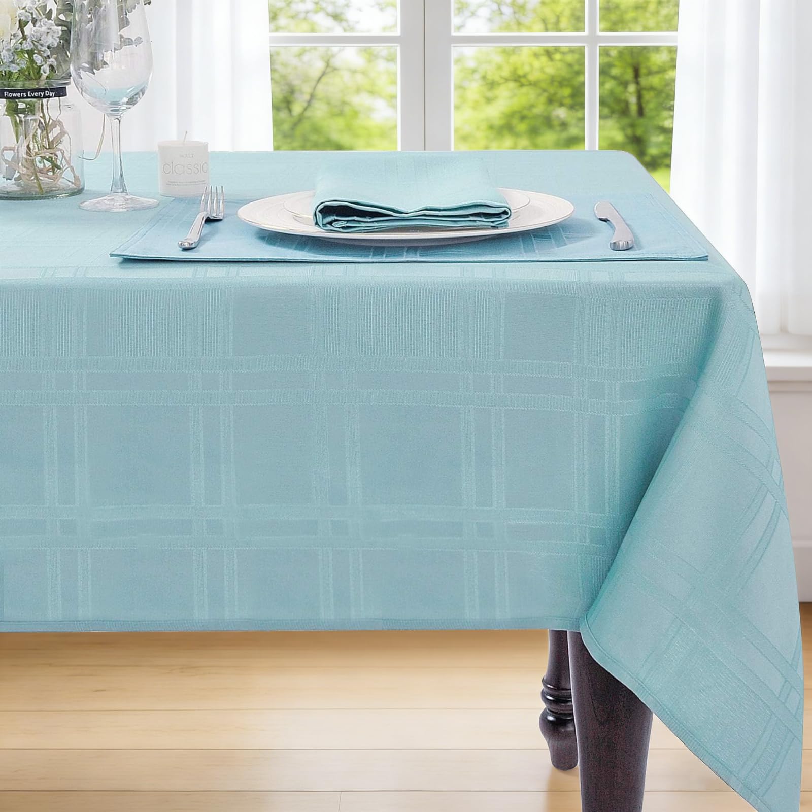 Tablecloth Rectangle 60×84 Soild Plaid Jacquard Table Cloth, Waterproof Elegance Contemporary Woven Decorative Tablecloths, Spillproof Wrinkle Resistant Holiday Table Cover, Turquoise