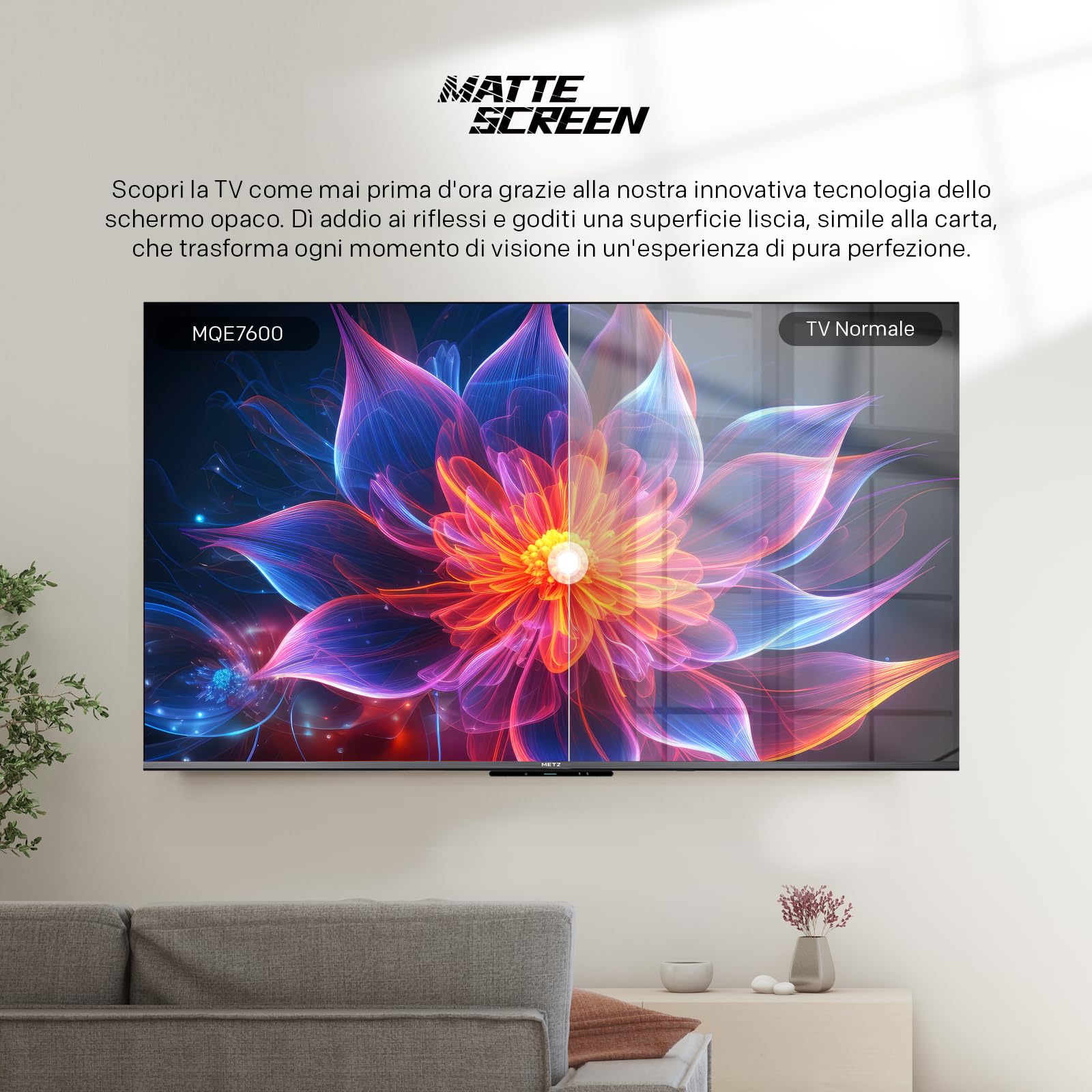 Metz Smart TV, MQE7600Z, 43", QLED, 4K, UHD, HDR 10+, Google TV, Matte Screen, Eye Care, Flicker-Free, Auto Ambient Light Sensor, HDMI, USB, Grigio