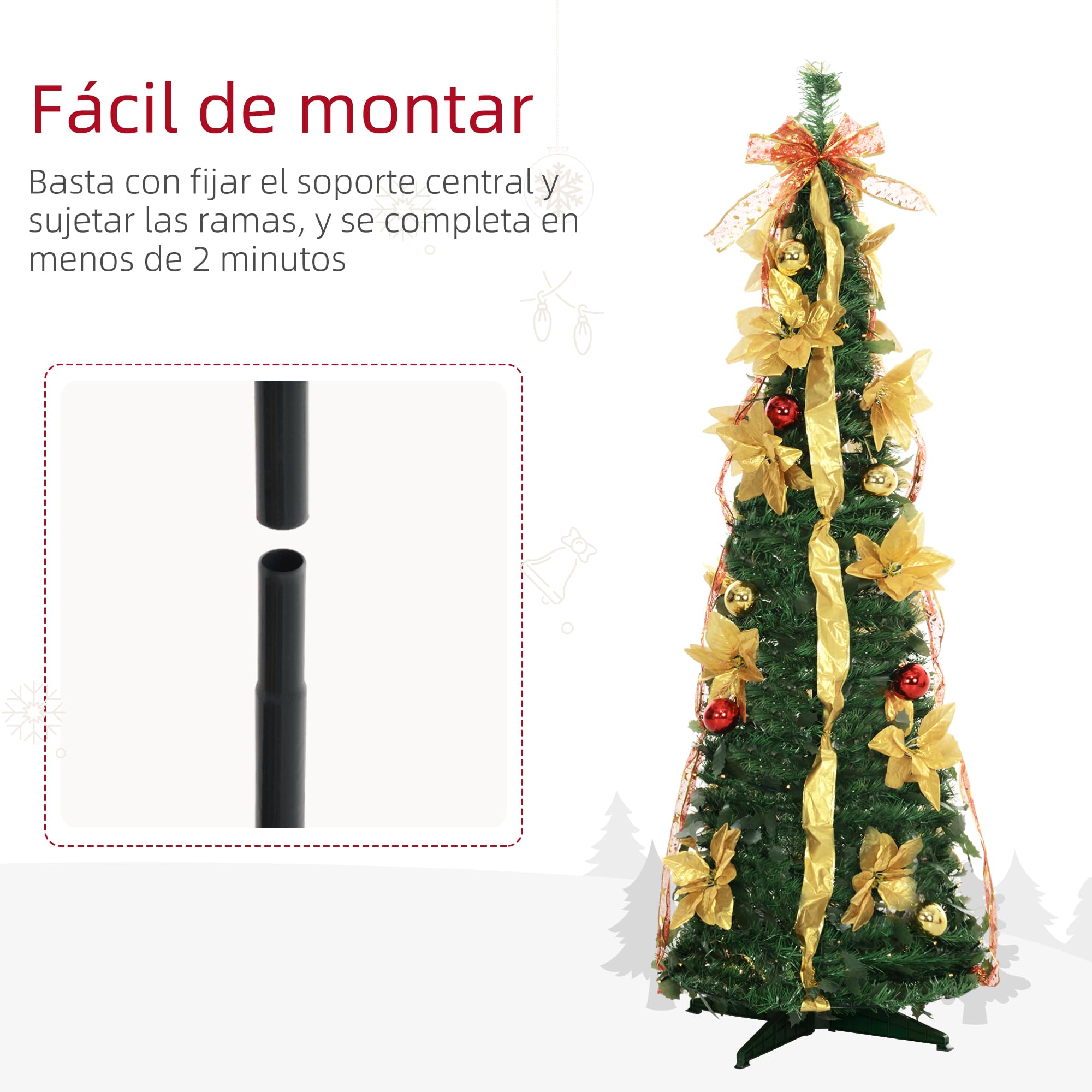 HOMCOM Árbol de Navidad 180 cm con Luces LED Artificial Plegable con Adornos Pre-instalados Árbol Navideño para Interior Verde