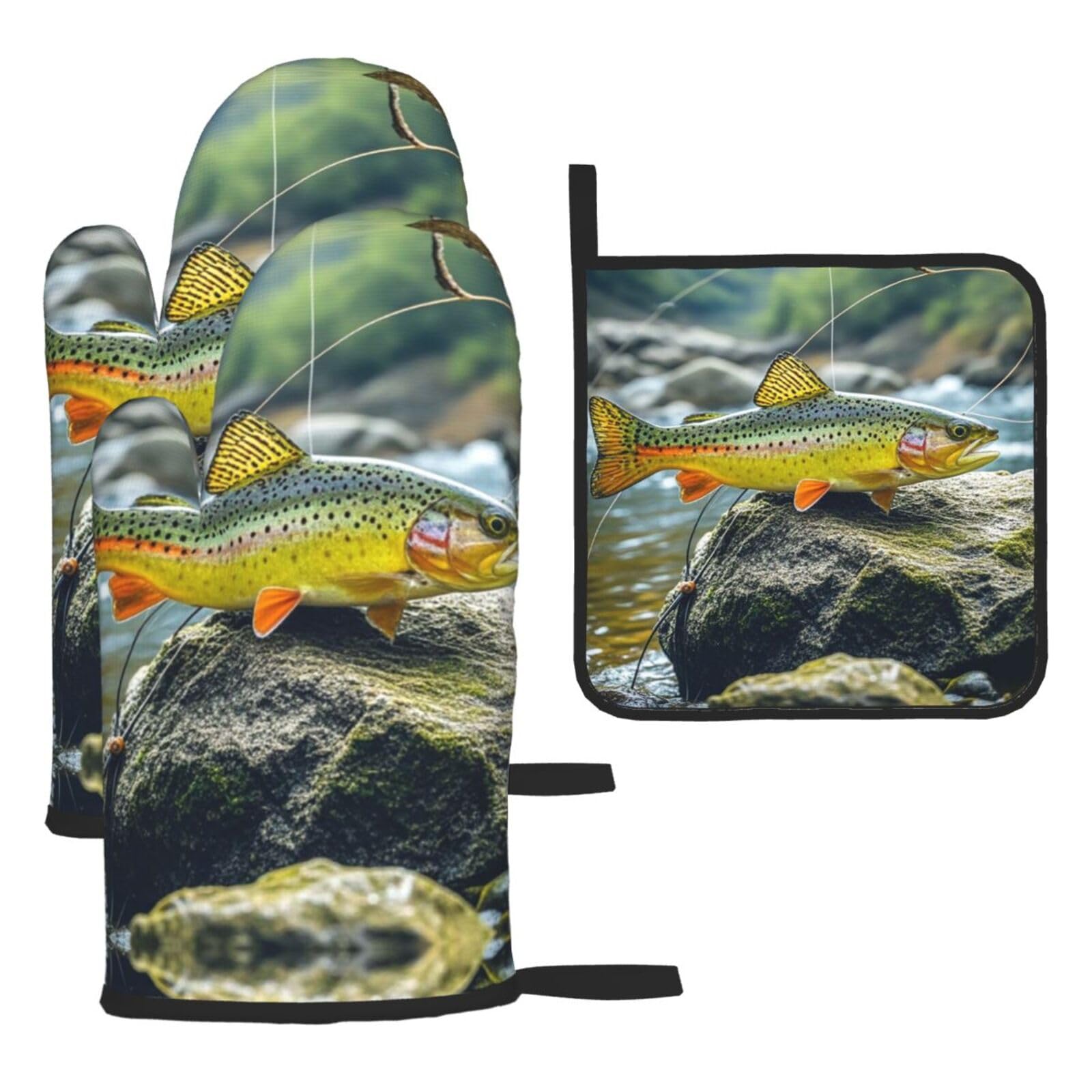 Oven Mitts and Pot Holders Set of 3 Heat Resistant Non-Slip Kitchen Gloves Hot Pads Brook Trout Fly Fishing Mittens Non-Slip Potholders for Cooking Baking Grilling BBQ