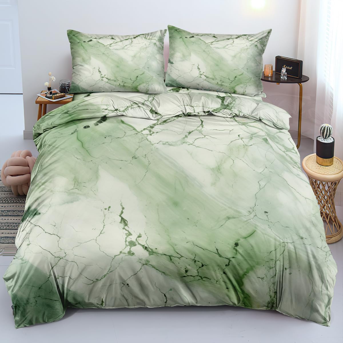 CCoutueChen Marble Duvet Cover Set Twin Size Teens Light Green Watercolor Marble Texture Bedding Abstract Marbling Decor Comforter Cover 2 Piece Soft with Zipper Closure Corner Ties