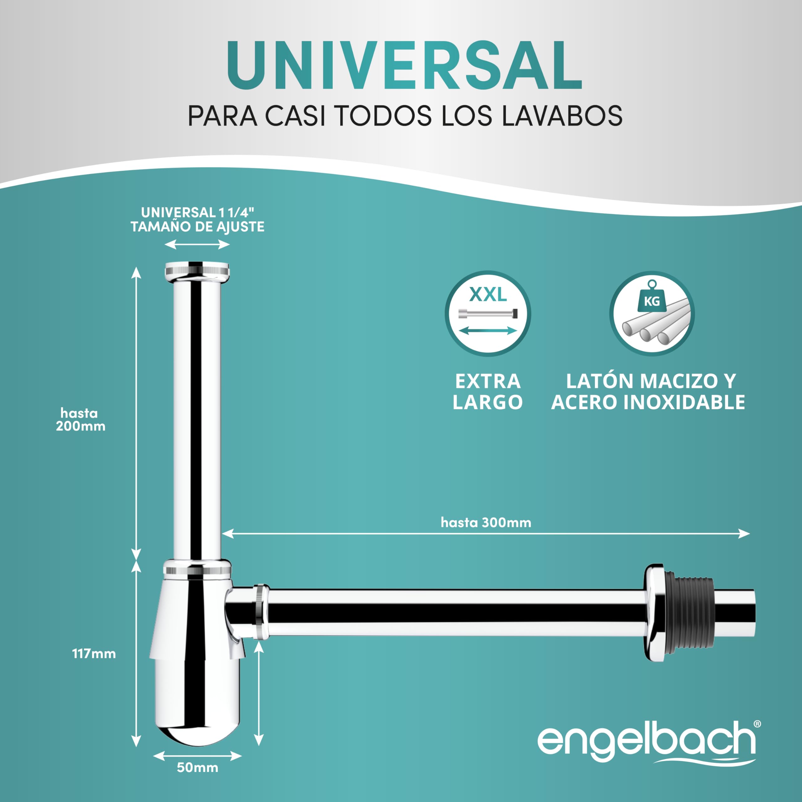 Engelbach® sifón lavabo - Tapa bote sifónico - Sifón universal flexible, desagüe lavabo cromado 1 1/4" - Bote sifónico antiolores, tubo desagüe lavabo y tapa con válvula