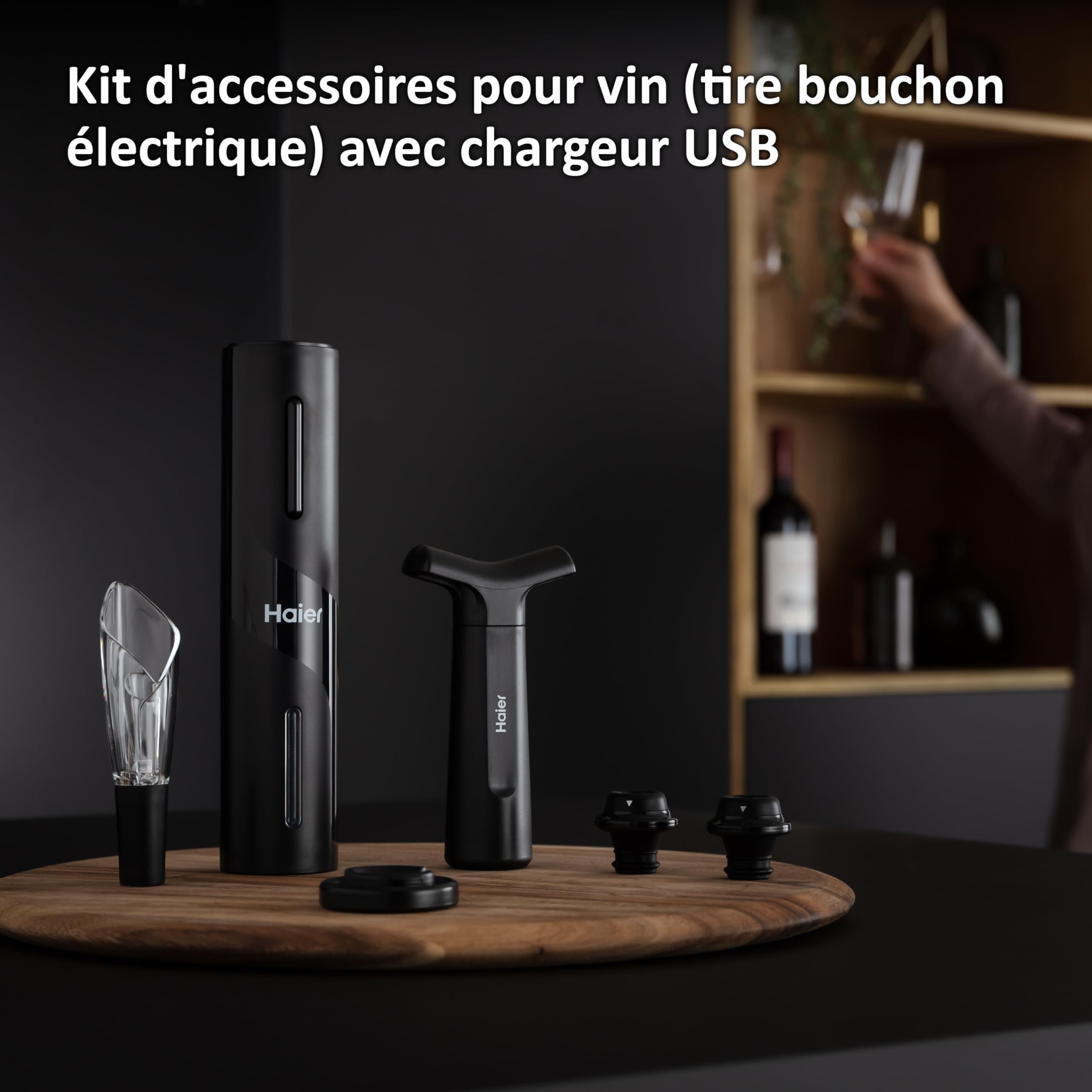 Haier Set de Sommelier - Comprenant un Ouvre-Bouteille Electrique Rechargeable - un Aérateur de vin et un bec Verseur Anti-Gouttes - un Coupe-Capsule - une Pompe à Vide - 2 Bouchons avec la date