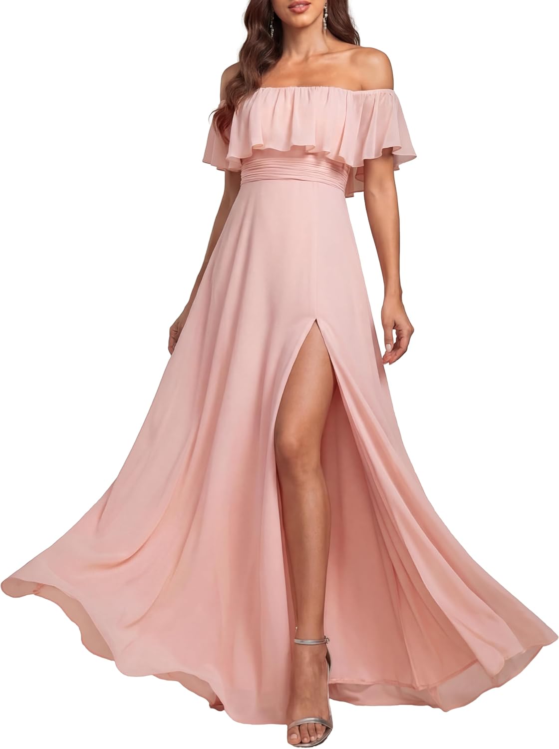 Ever-Pretty Women's Summer Off The Shoulder Flowy Chiffon Formal Wedding Guest Dresses Maxi Side Split Beach Bridesmaid Dress