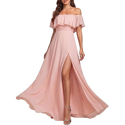 Ever-Pretty Women's Elegant Off The Shoulder Side Split Flowy Chiffon Maxi Bridesmaid Dress Formal Wedding Guest Dresses 0968
