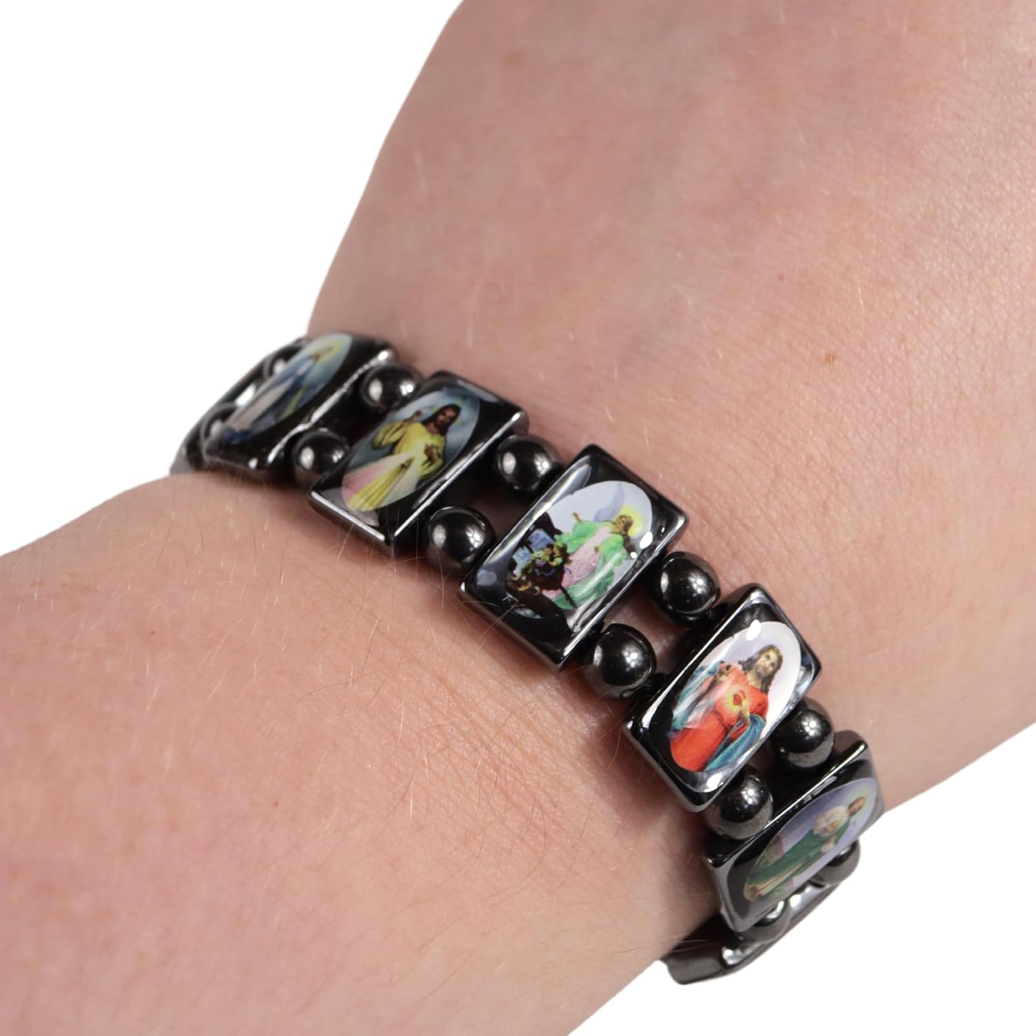 Needzo Religious Gifts for Men and Women, Hematite Bead All Patron Saints Icon Image Stretch Bracelet, 7 Inches (Pack of 2)