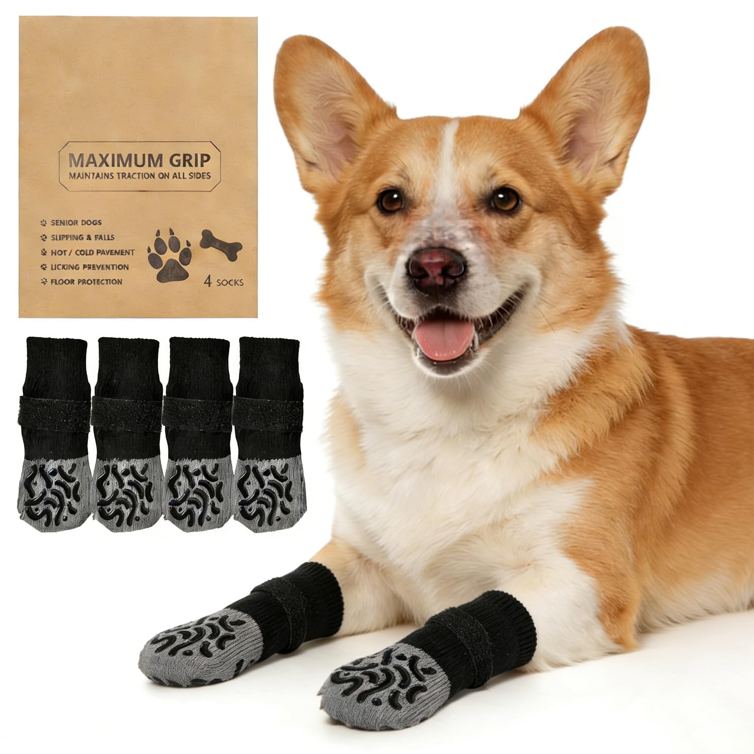 Chaussons pour Chien Protection Plaie & Anti-Léchage - 2 Paires de Protège-Pattes Antidérapants avec Poignées pour Chiens Âgés - Réglables pour Sols Durs - Traction - Noir, M