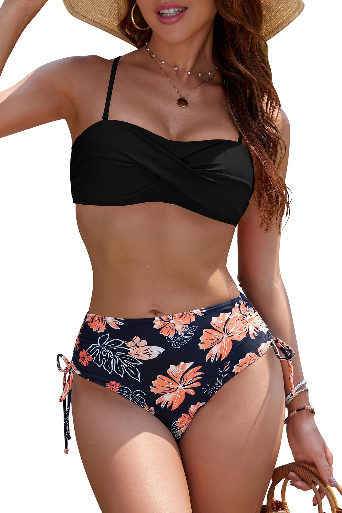 SHEKINI Bikini Set Stampa Floreale Due Pezzi Backless Swimwear Spiaggia Mare Beachwear con Spalline Amovibili Costume da Bagno con Cravatta Laterale