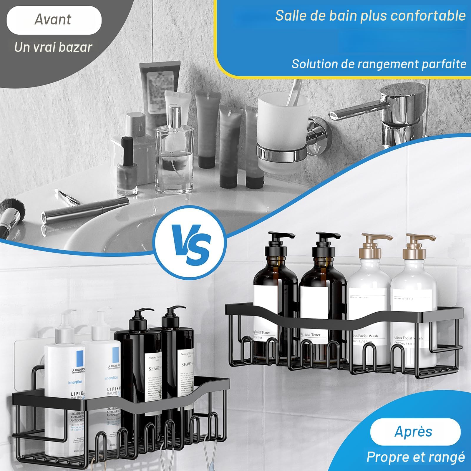 Lot De 5 Paniers De Douche Adhésifs – Étagères Salle De Bain Sans Perçage, Acier Inoxydable 304, Grande Capacité 18kg, Organiseur De Douche Et Cuisine