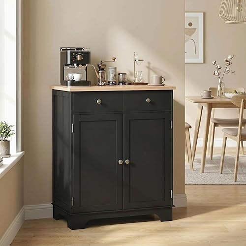 Vista 9 de HOMCOM Aparador de buffet con encimera de madera maciza, gabinete de almacenamiento de cocina moderno, gabinete de barra de café con 2 cajones, Negro