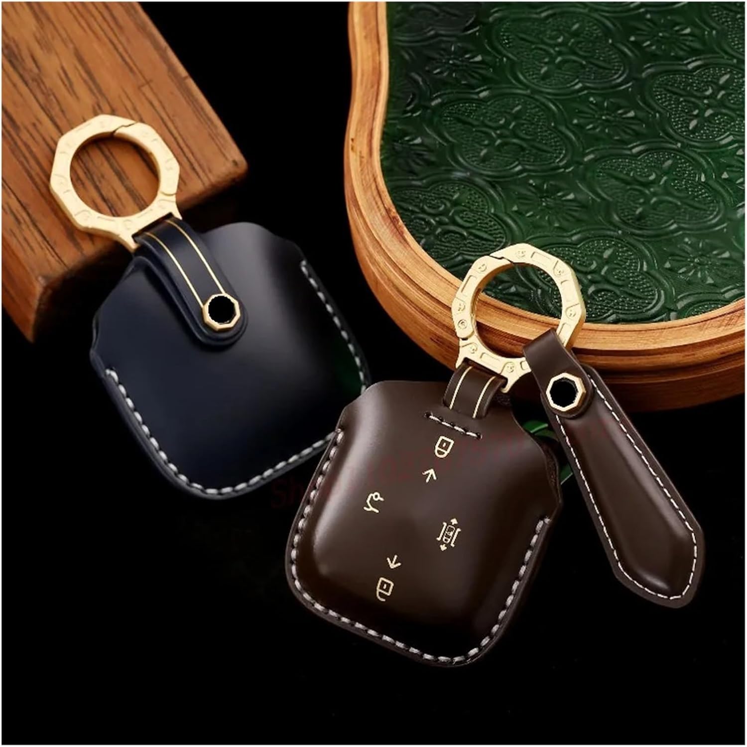 Genuine Leather Key Case Cover Protective Shell Bag Keychain Compatible with ZEEKR 001 009 2023 Car Accessories(4 Buttons -3)