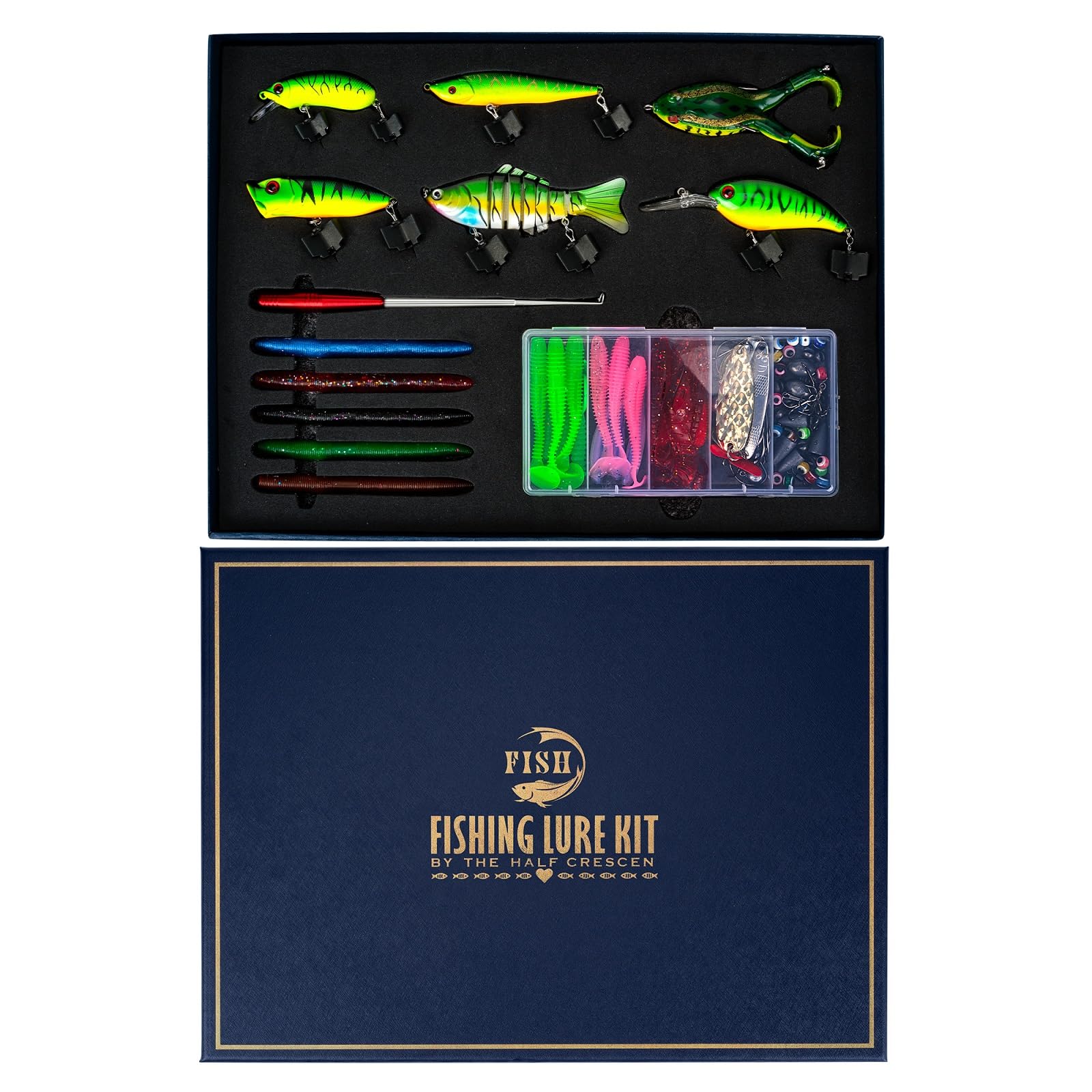 Angelausrüstungsbox-Set mit Angelködern, Haken, Gewichten, Fischhaken-Entferner-Werkzeug und Angelzubehör, Angelausrüstungs-Set für 2025, Weihnachtsüberraschungsgeschenk, 104-teiliges Set