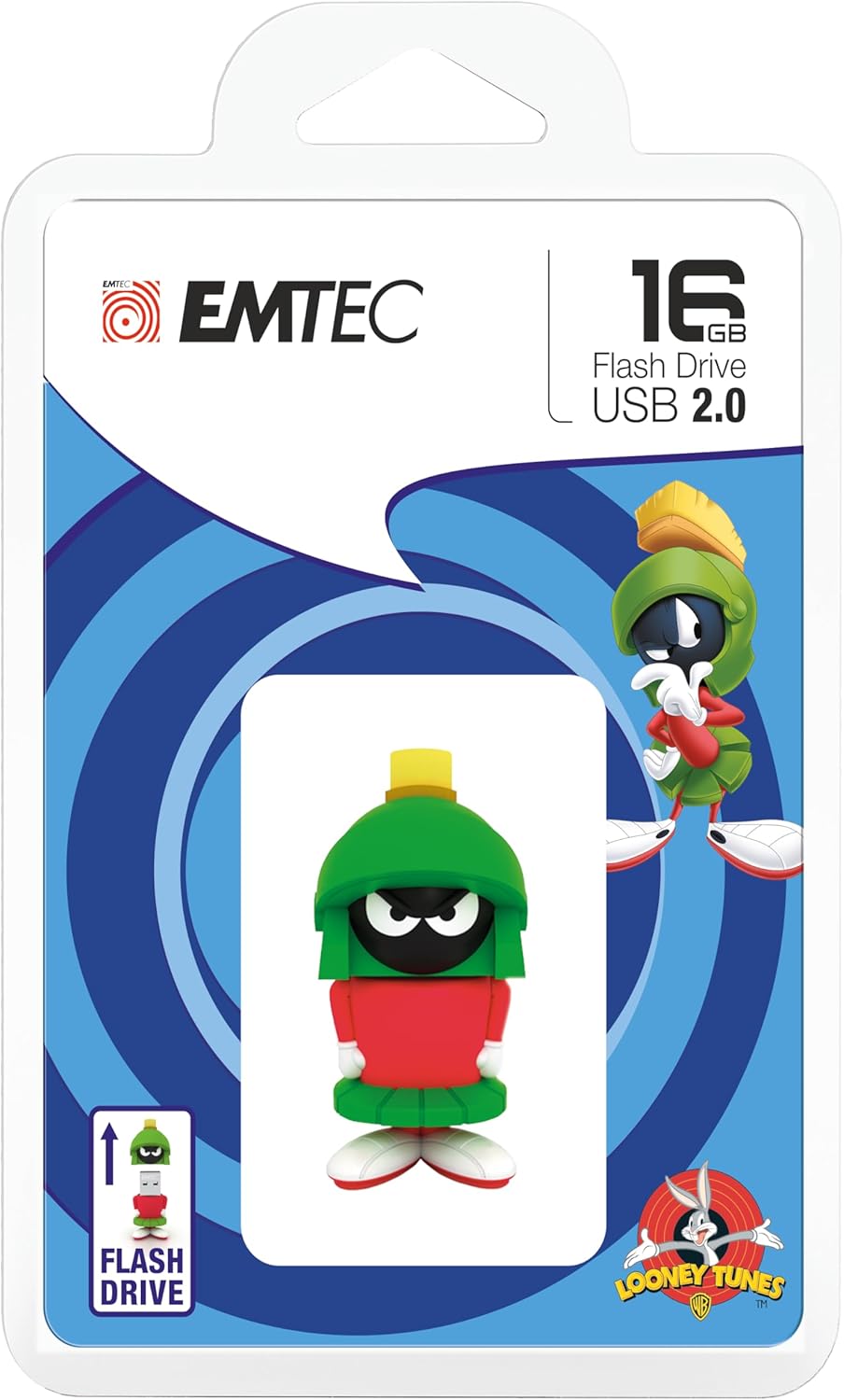 Emtec Looney Tunes Marvin The Martian USB 2.0 Flash Drive 16GB – 3D Cartoon Character Design, Soft Touch Rubber, Mini Portable Storage, Perfect for Fans, Collectors, and Gifts