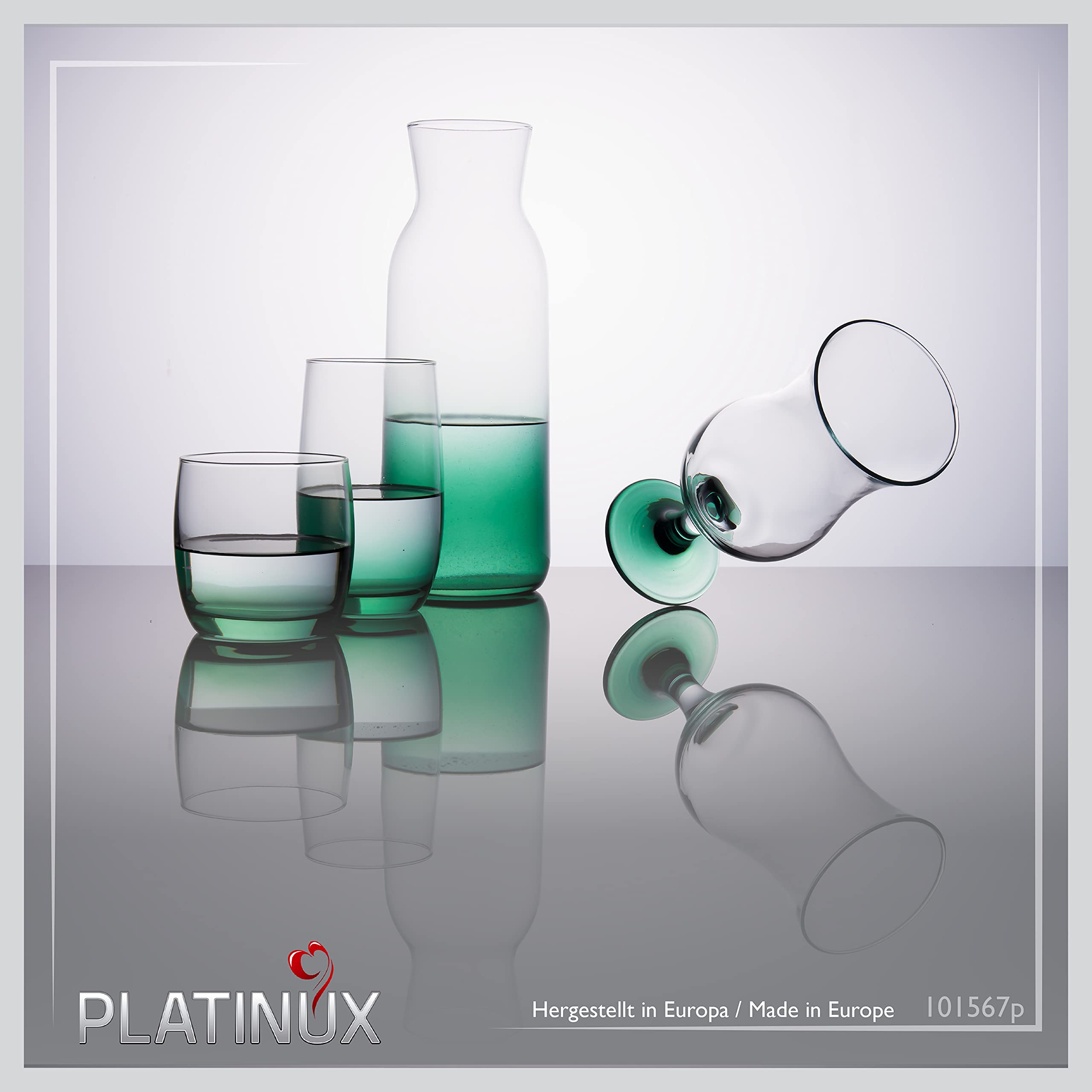 PLATINUX Juego de vasos y jarra con efecto ombré verde, 19 piezas de cristal, jarra de agua, vasos de cóctel