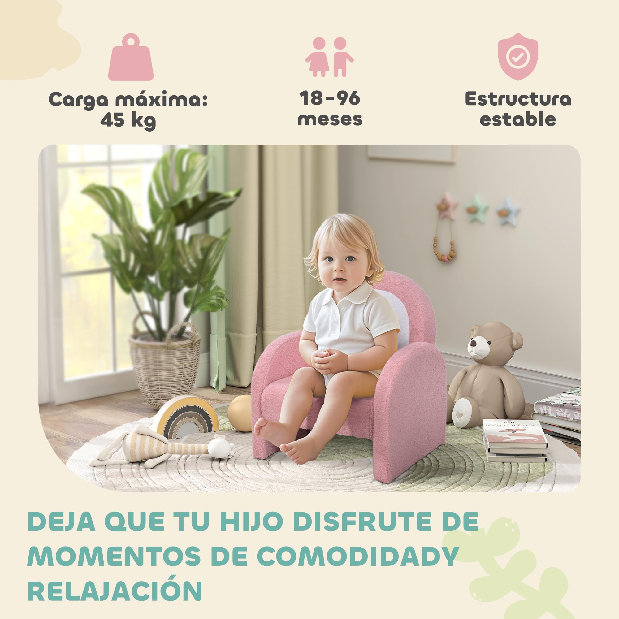 AIYAPLAY Poltrona per bambini con schienale arcobaleno Divano per bambini 18-96 mesi Braccioli in morbido tessuto trapuntato Carico 45 kg Rosa